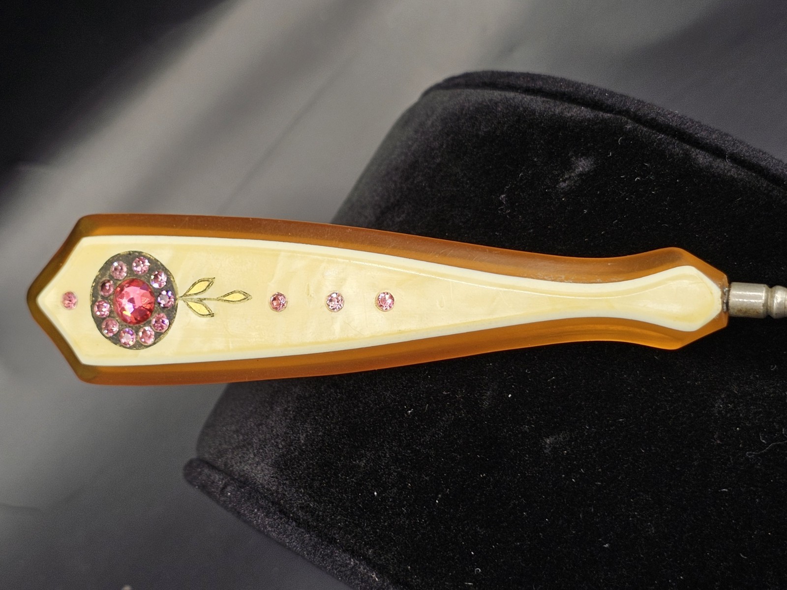 Vintage Shoe Button Hook Celluloid And Pink Rhinestones