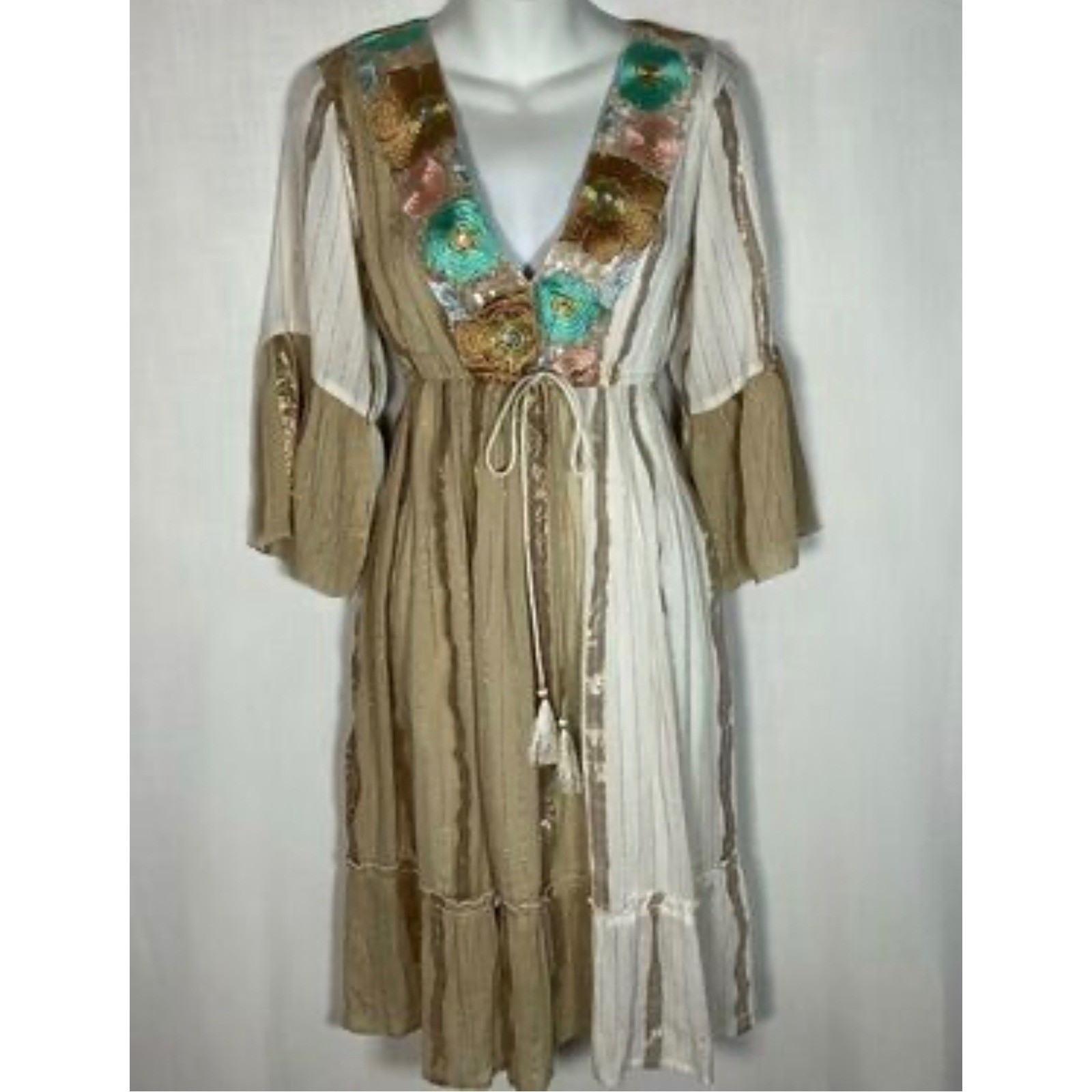 Ananta Boho Floral Embroidered Sequin Kimono Sleeve Tassel Mini Dress SzM Fairy