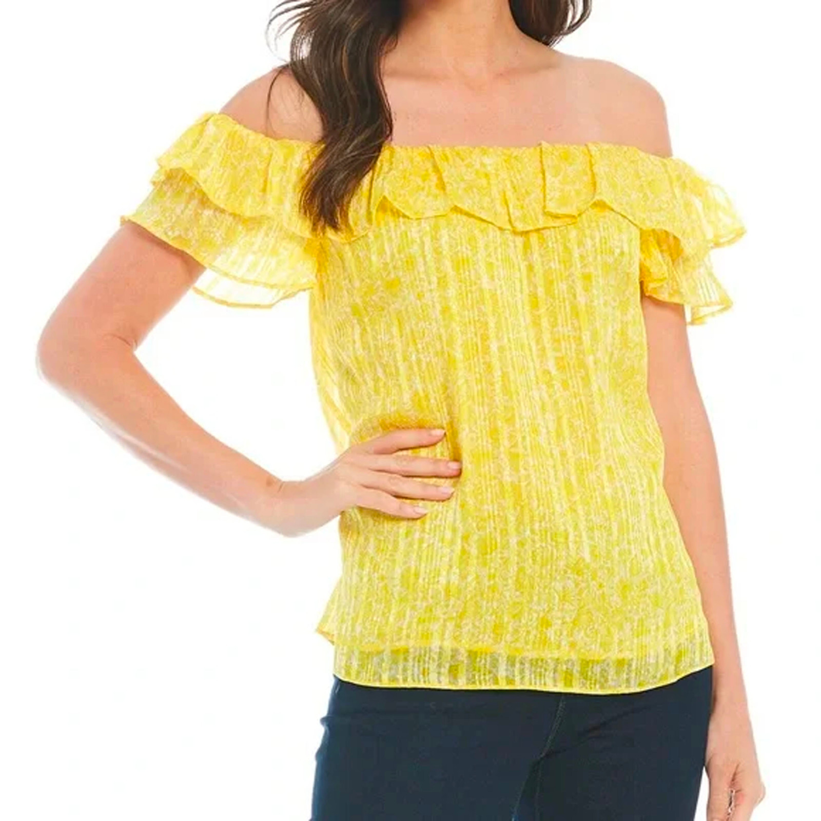 Michael Kors Small Yellow Off the Shoulder Blouse Top Floral Short Sleeve B17