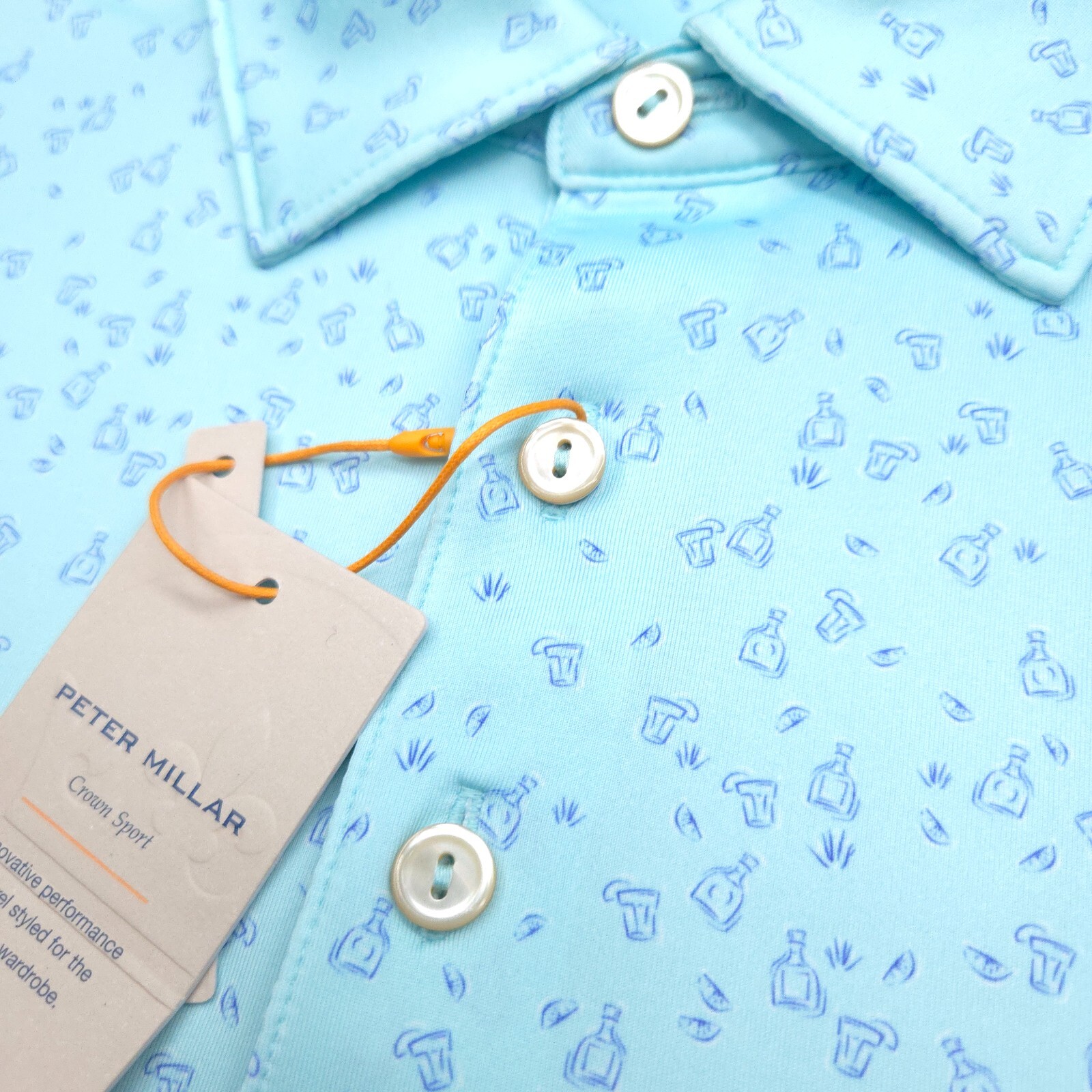 PETER MILLAR GOLF POLO SHIRT -M- AQUA BLUE WHITE COCKTAIL DOT SUMMER COMFORT