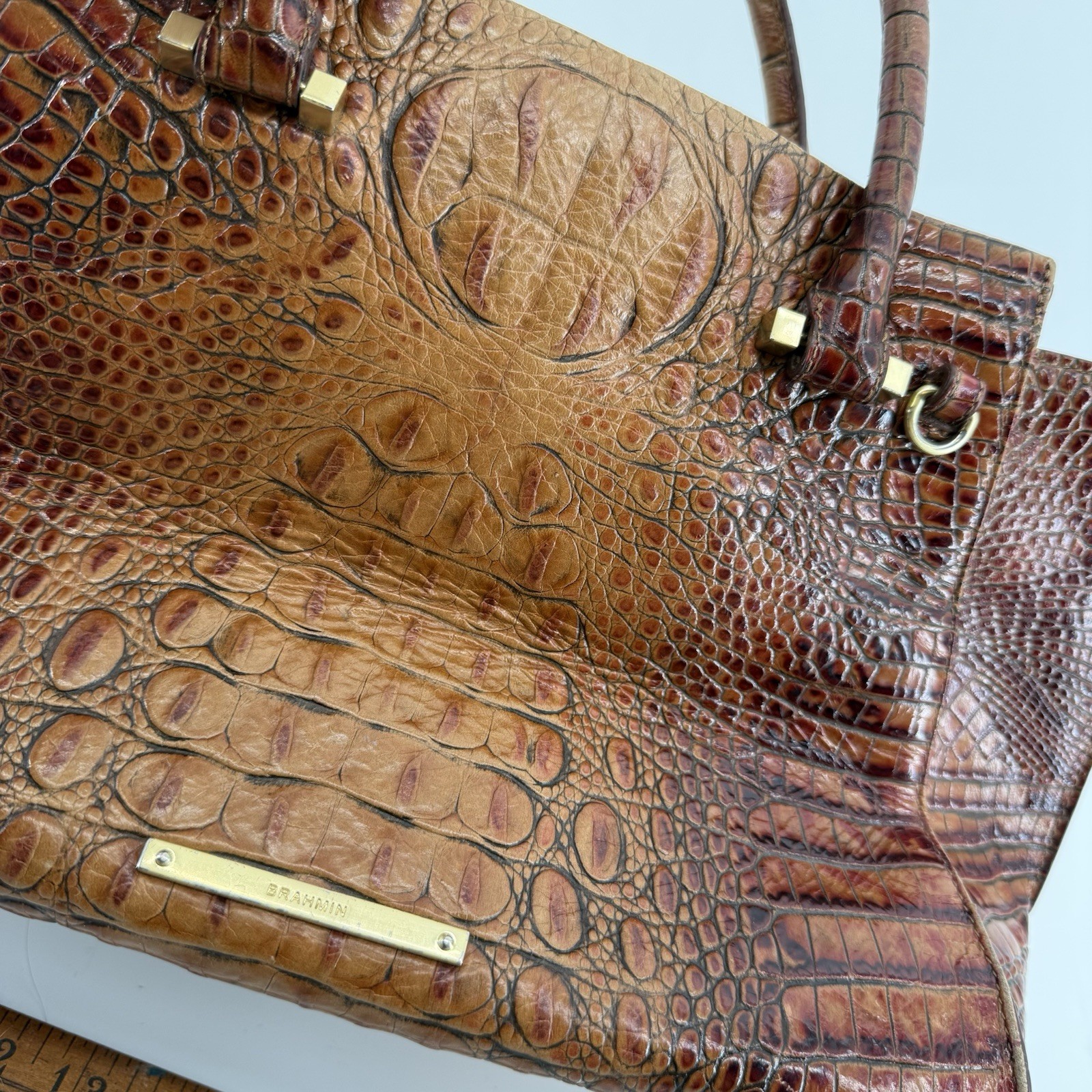 BRAHMIN Priscilla Satchel Pecan Brown Leather Croc Embossed Bag Quiet Luxury