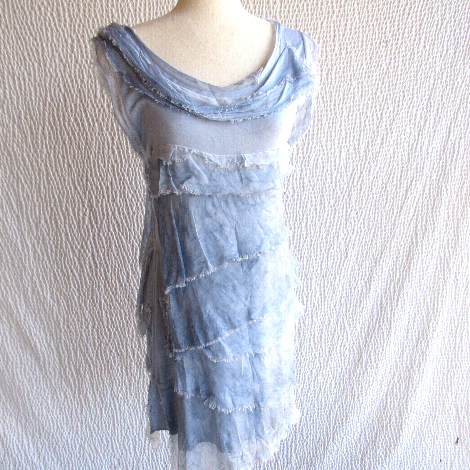 Blue Tattered Dress Tiers Layers Silky overlay Italy Jersey Lined Round Collar M