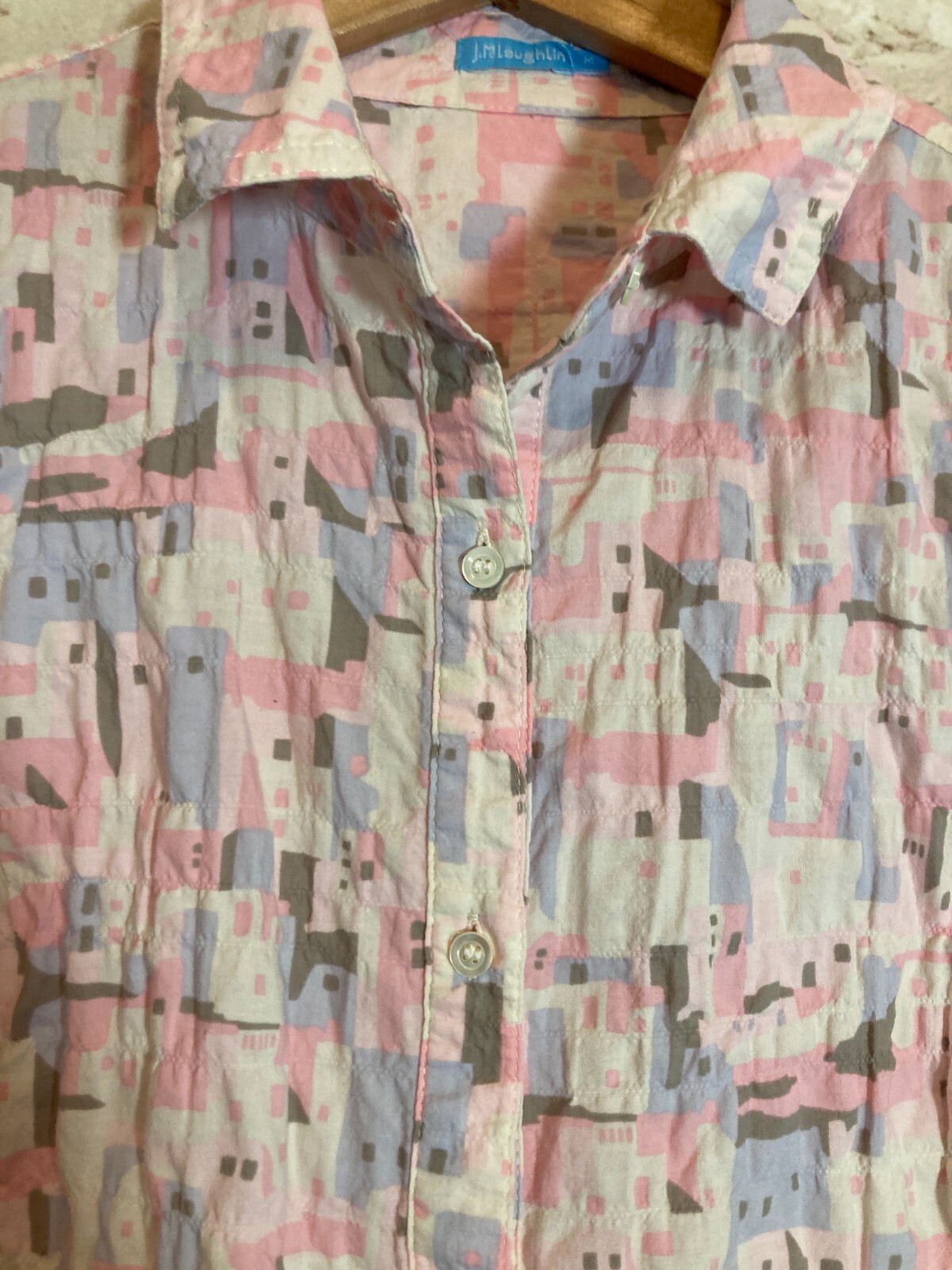 J. McLaughlin Top Womens Medium Pastel Crinkled Art To Wear Button Up Beachy