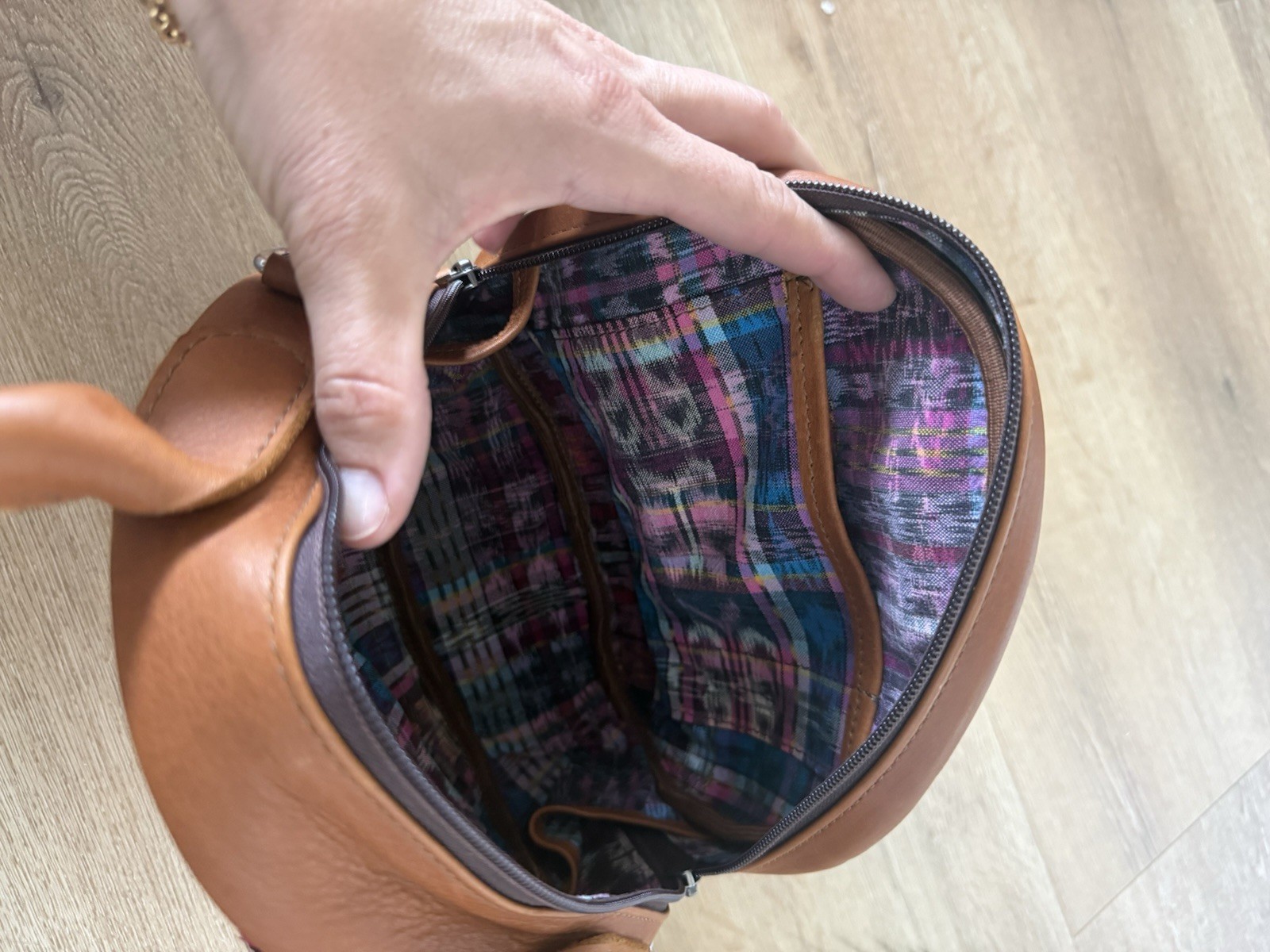Women’s Brown & Multicolor Geometric Boho Small Half Moon Crossbody Zip Bag