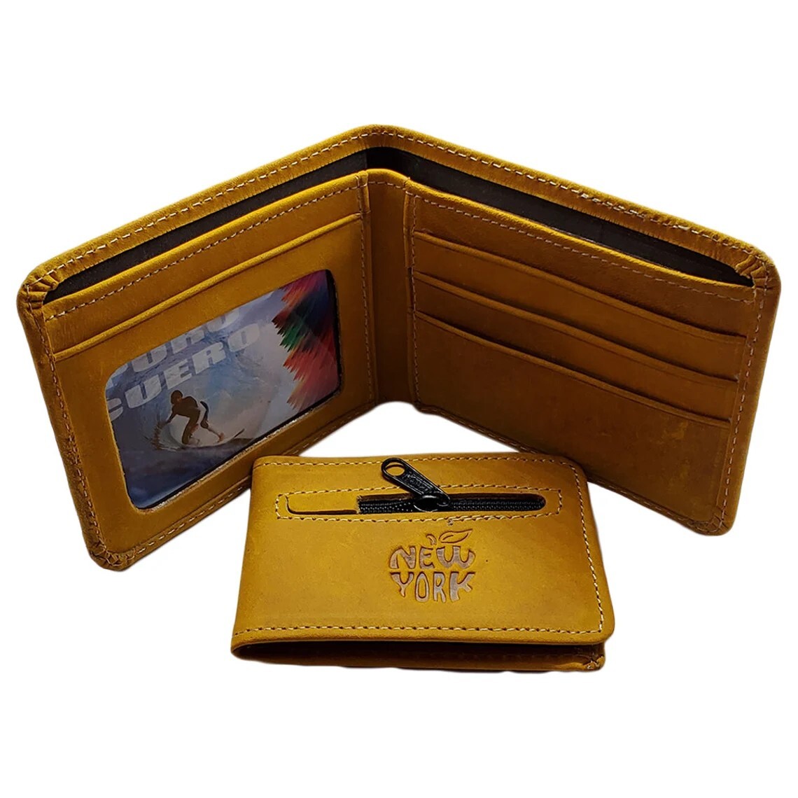 NWT New York City USA Men’s Mustard Multi Card ID Embossed Leather Bifold Wallet