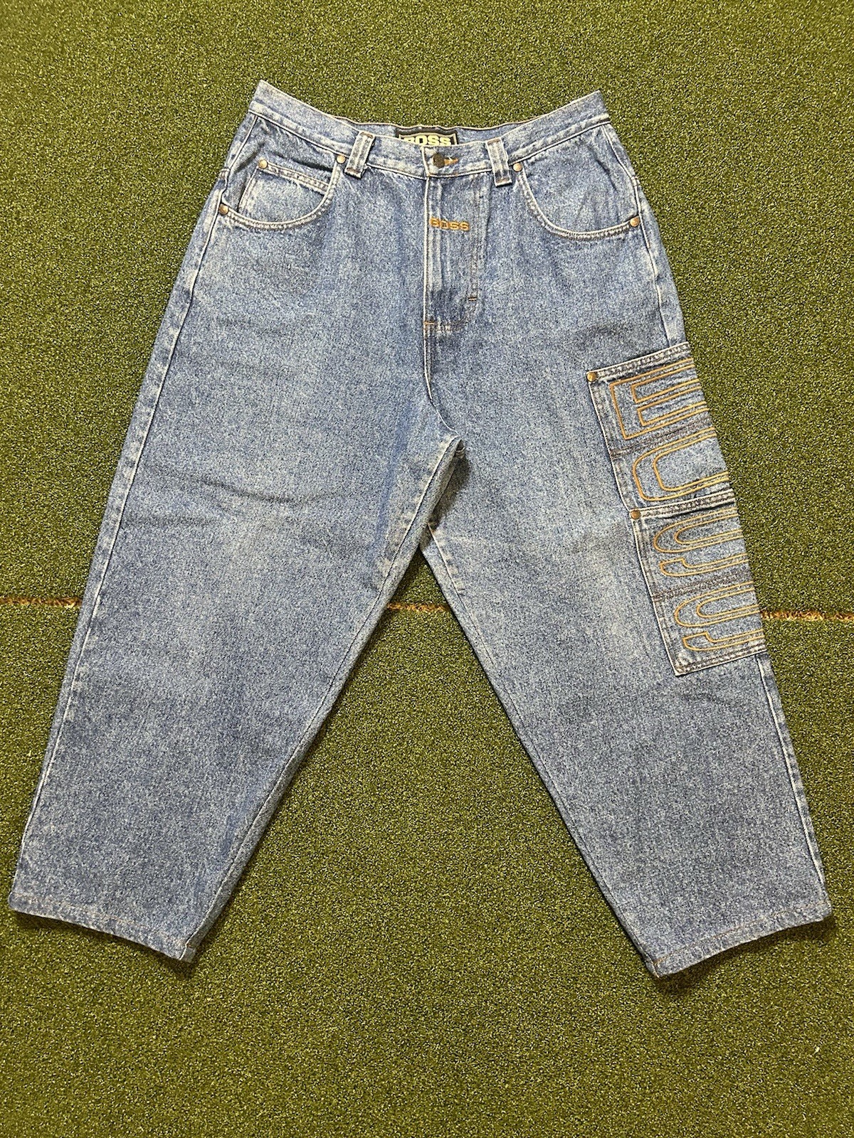 Vintage 90’s BOSS Baggy Embroidered Jeans Gold Retro 34×30 Skate Grunge Hip Hop
