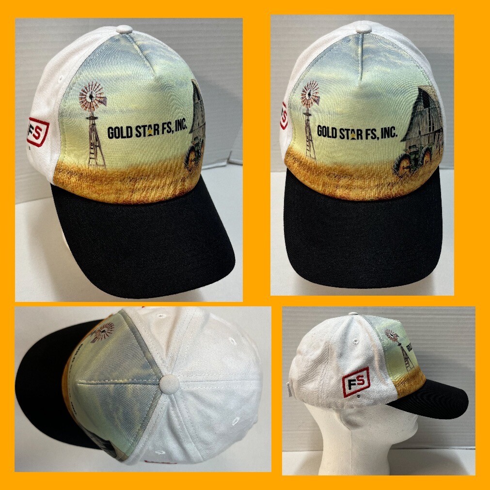 GOLD STAR FS Seed Corn Adjustable Ball Cap Hat Windmill Tractor Barn Farmer EUC