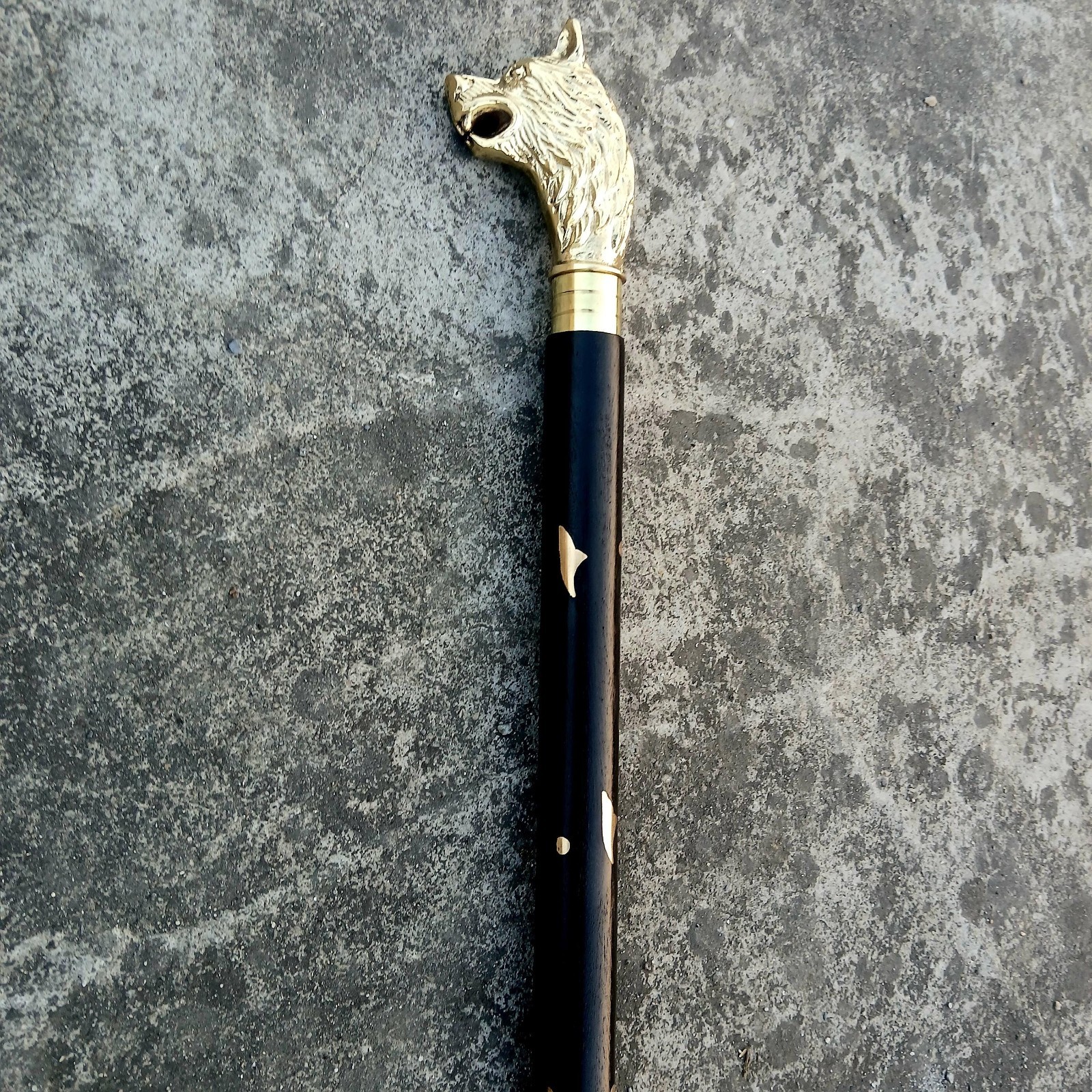 Brass Wolf Head Walking Cane: Gothic Medieval Style, Wooden Shaft