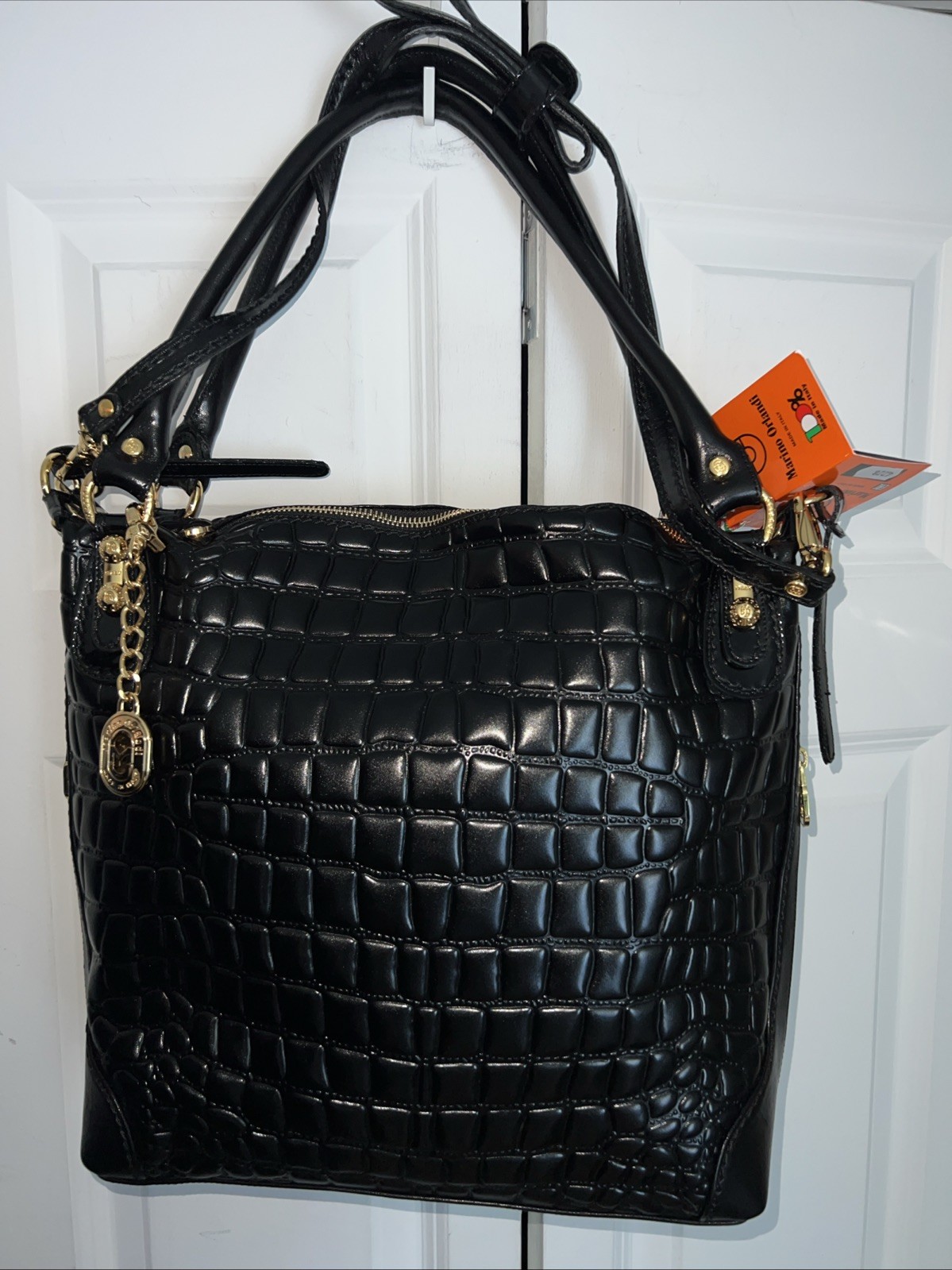 NWT MARINO ORLANDI ITALIAN DESIGNER CROC LEATHER BLACK SATCHEL SHOULDER BAG 4228