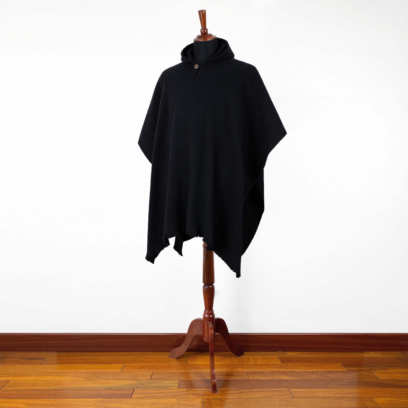 LLAMA WOOL MENS WOMANS UNISEX HOODED PONCHO ETHNIC TRIBAL BOHO SOLID BLACK S-XL