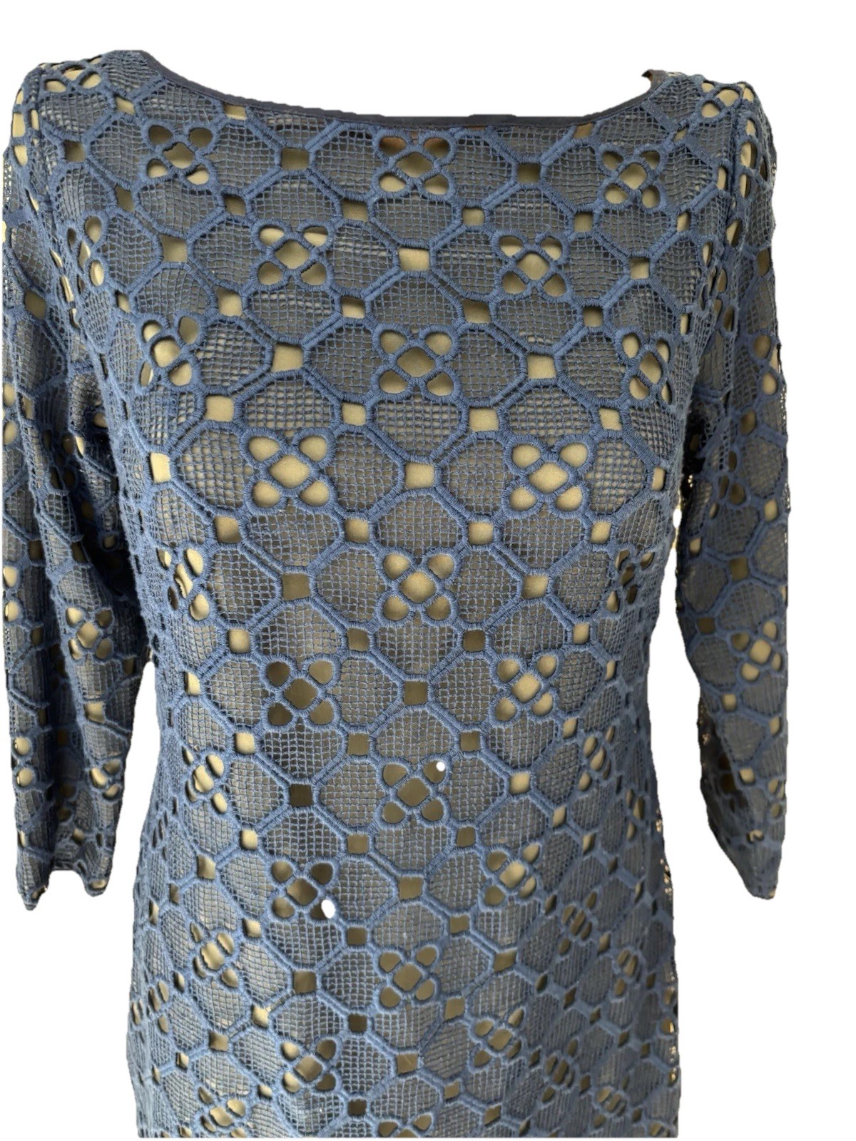 Catherine Malandrino Size 8 Navy Over Olive Green 3/4 Sleeve Shift Dress