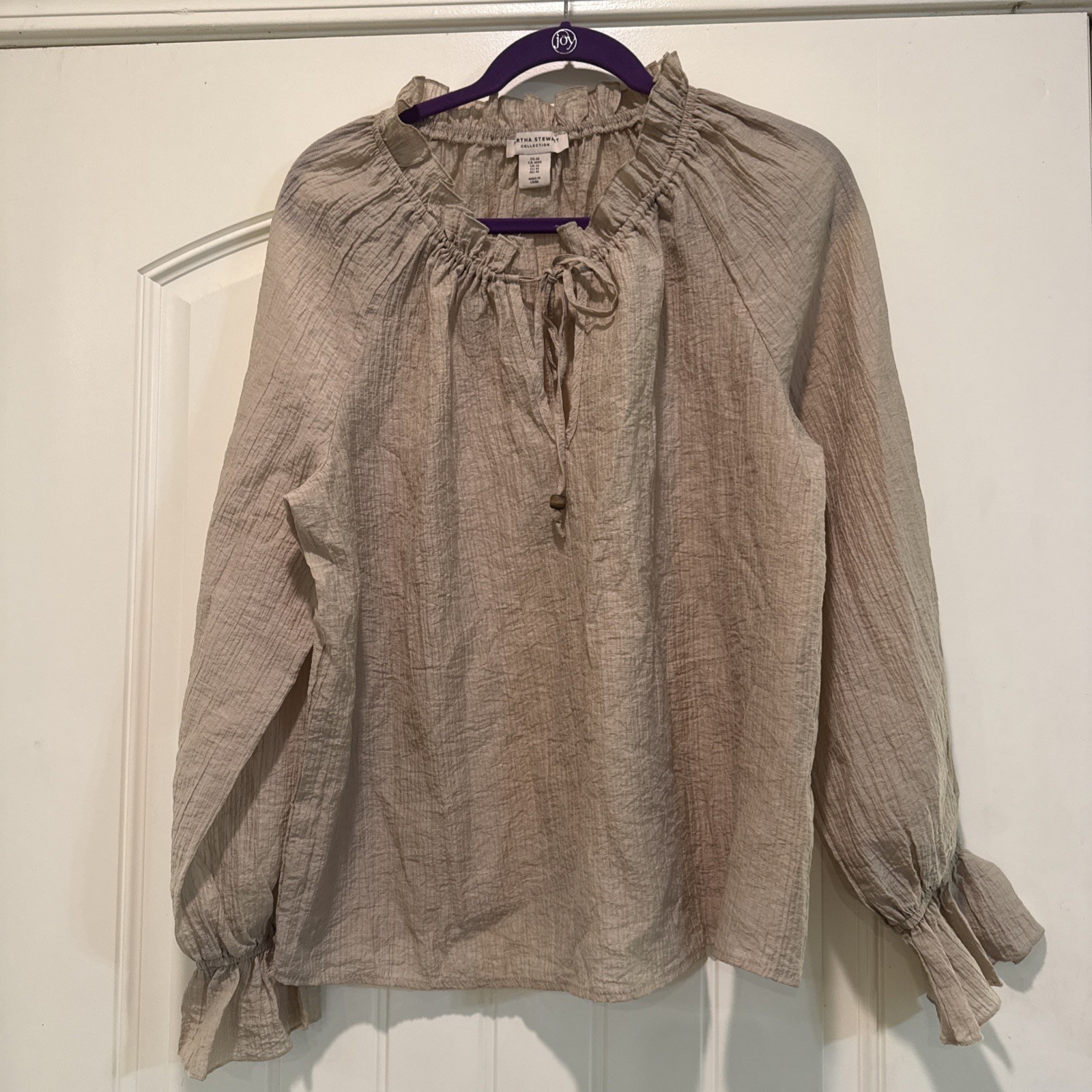 Peasant Crinkle Gauze Blouse Martha Stewart Collection Gathered Notch Neckline M