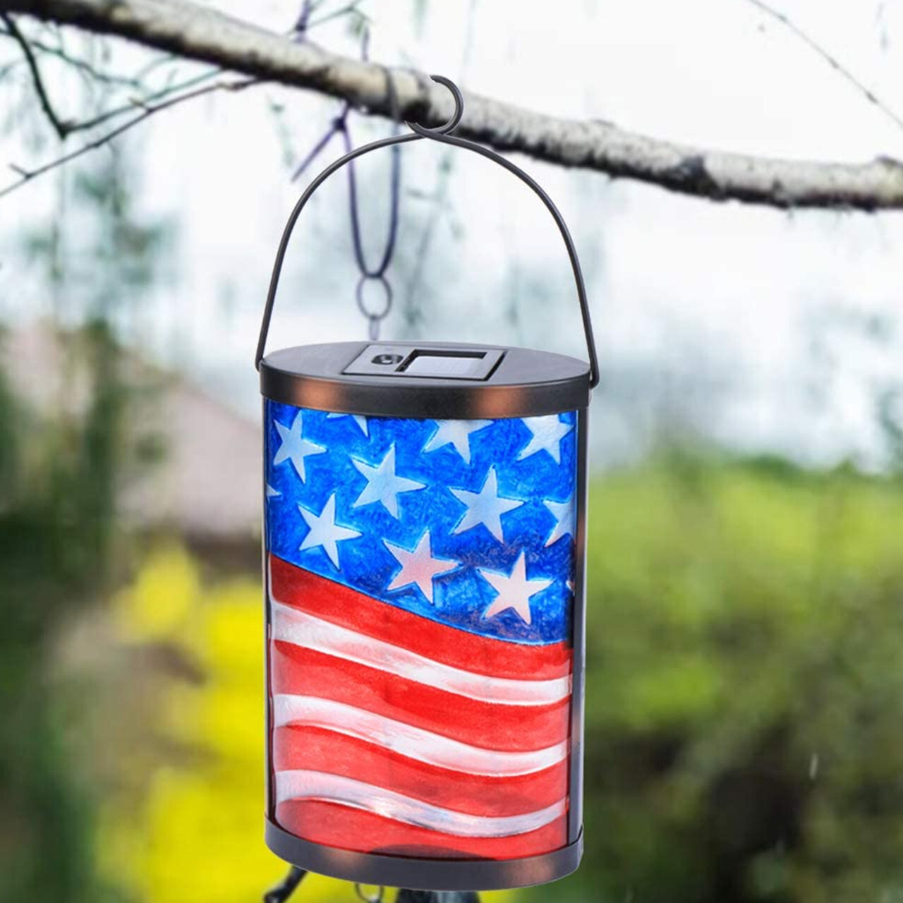 Patriotic USA American Flag Glass Solar LED Lantern With Dusk-To-Dawn Sensor