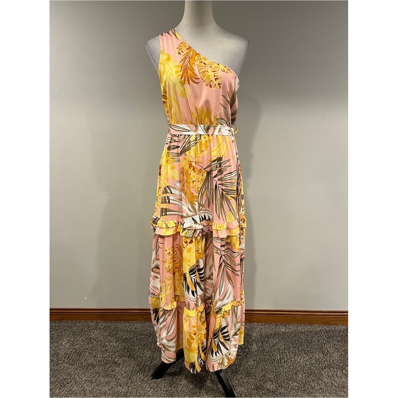 One-Shoulder Pink and Yellow Tropical Maxi Dress