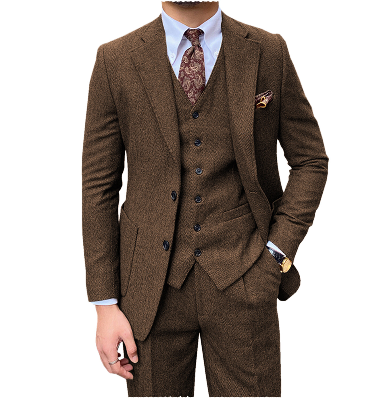 Mens 3Pcs Tweed Suit Wool Herringbone Tuxedo Suits Blazer+Vest+Pants 42r 44r 46r