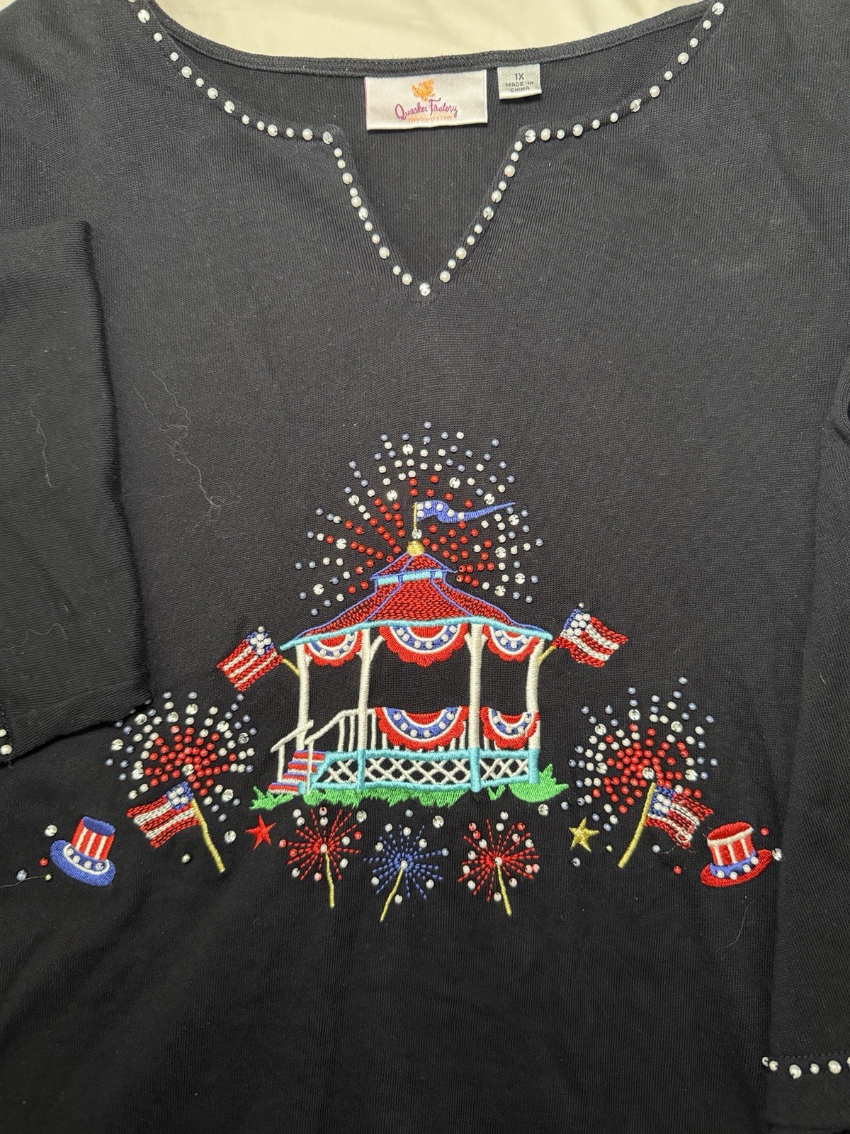 Quacker Factory Patriotic Embroidered Rhinestone Beaded Top Grandma 3/4 Sleeve