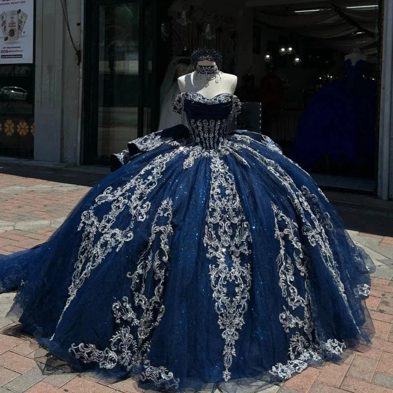 Navy Quinceanera Dresses Off The Shoulder Silver Applique Sweet 16 Ball Gown
