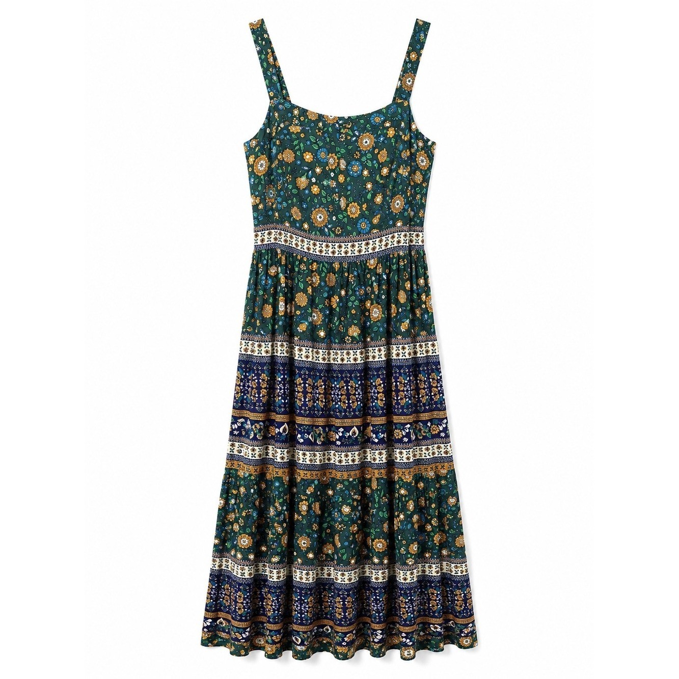 Umgee Green and Navy Floral Boho Tiered Maxi Dress New Medium