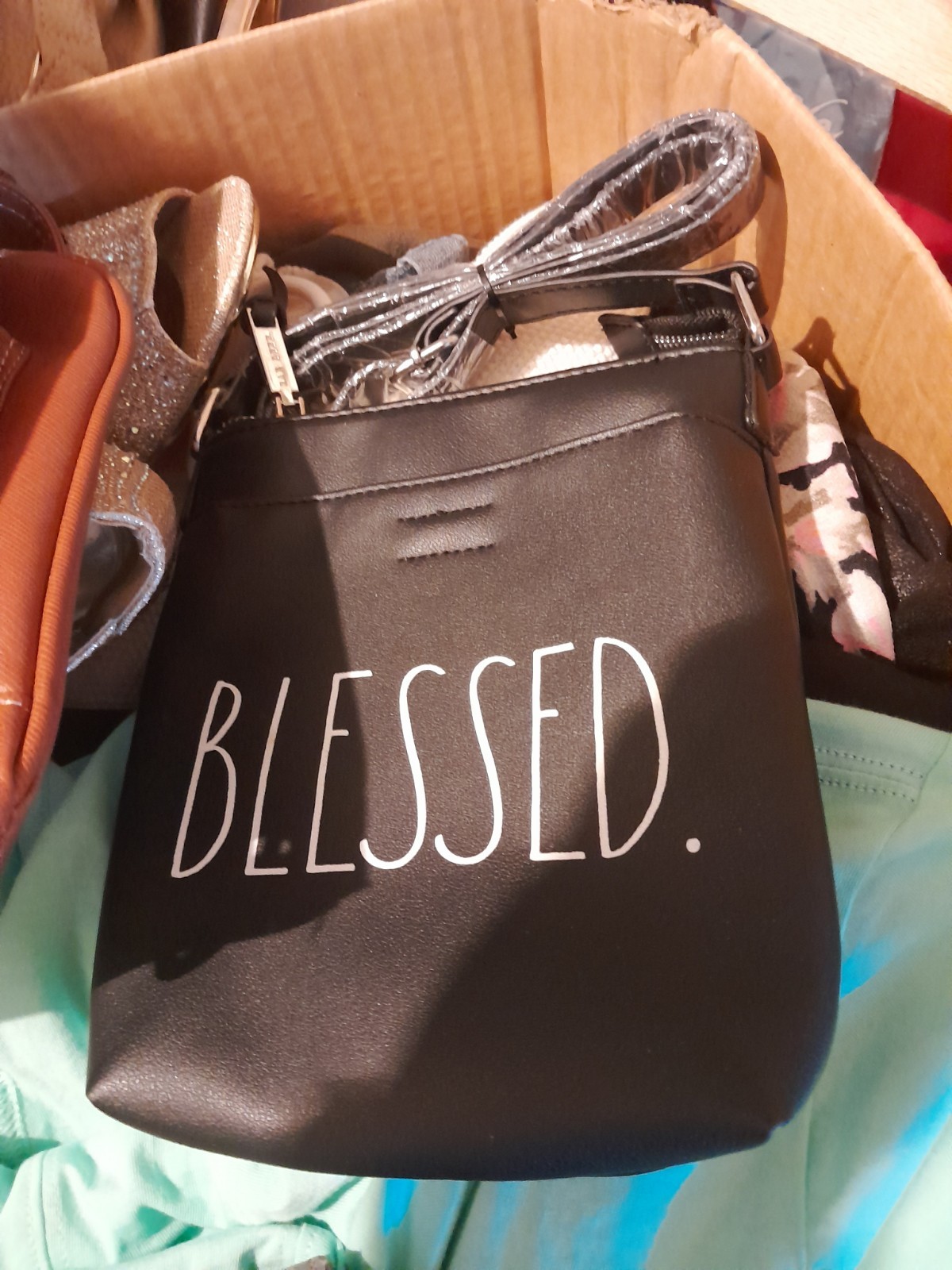 Rae Dunn “BLESSED” Black Crossbody Bag Zip Closure Adjustable Detachable Strap