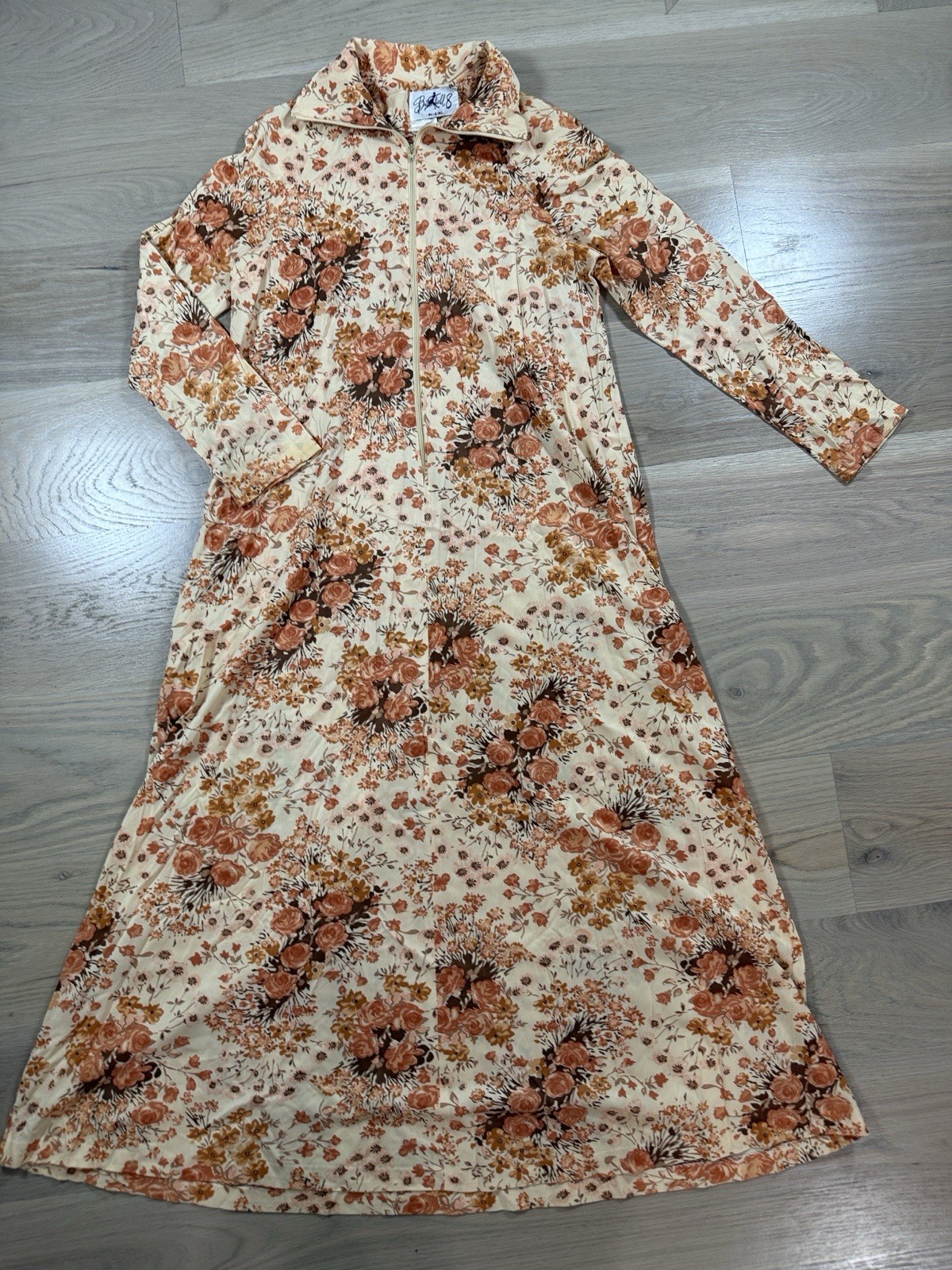 Butterfield 8 Ivory Brown Floral Collared Long Sleeve Shirt Midi Dress 7/8 Zip