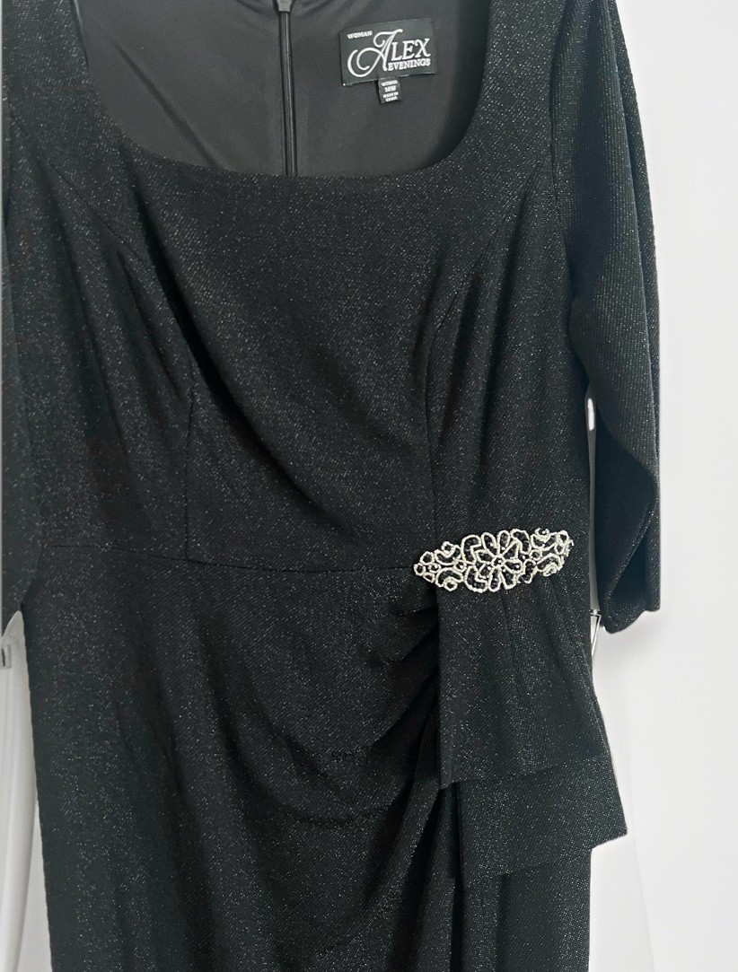 Alex Evenings Plus Size 14W Metallic Square Neck Gown In Black $219