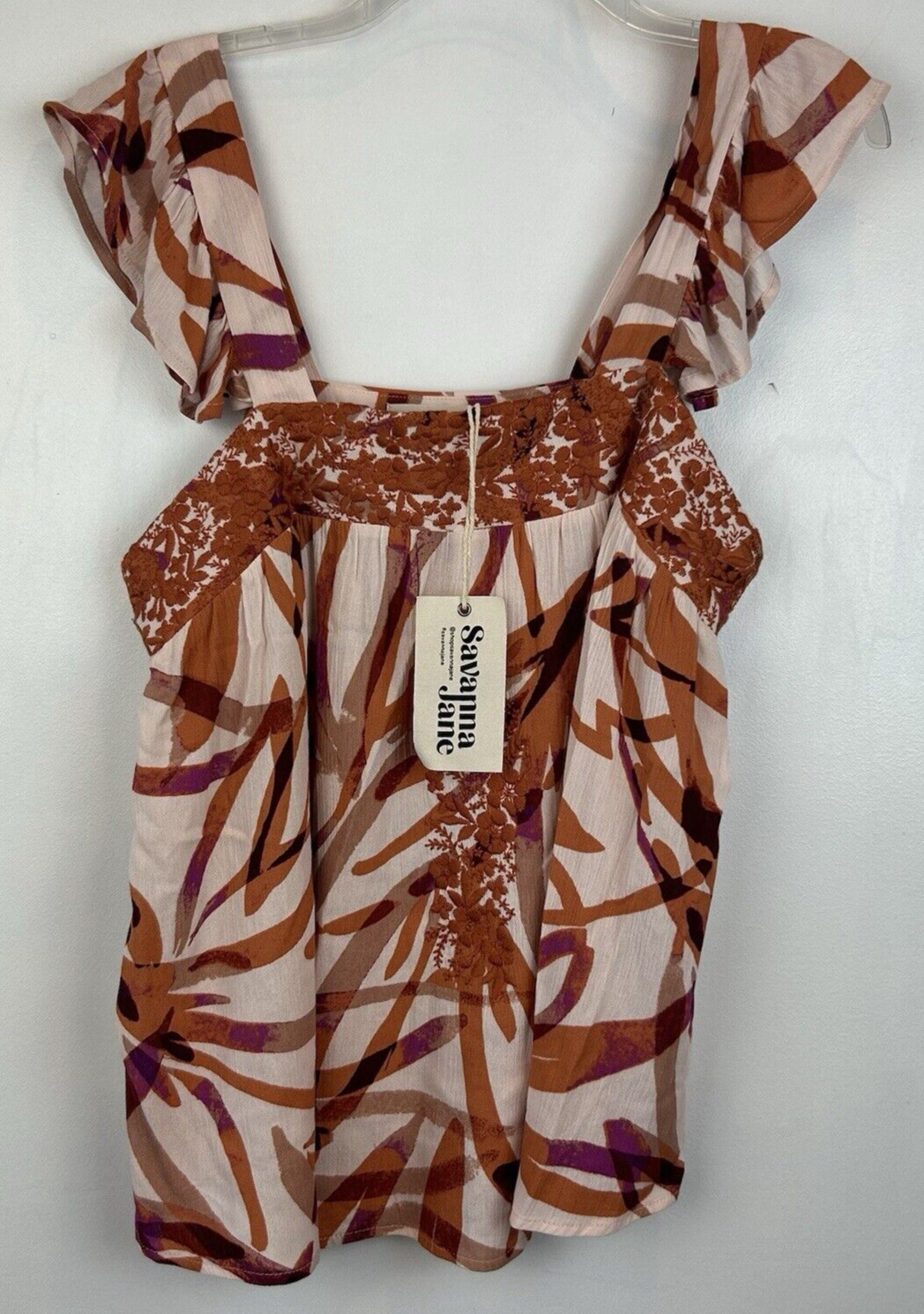 Savanna Jane Top Womens S Embroidered Boho Tank Top Rust Orange Ruffle New