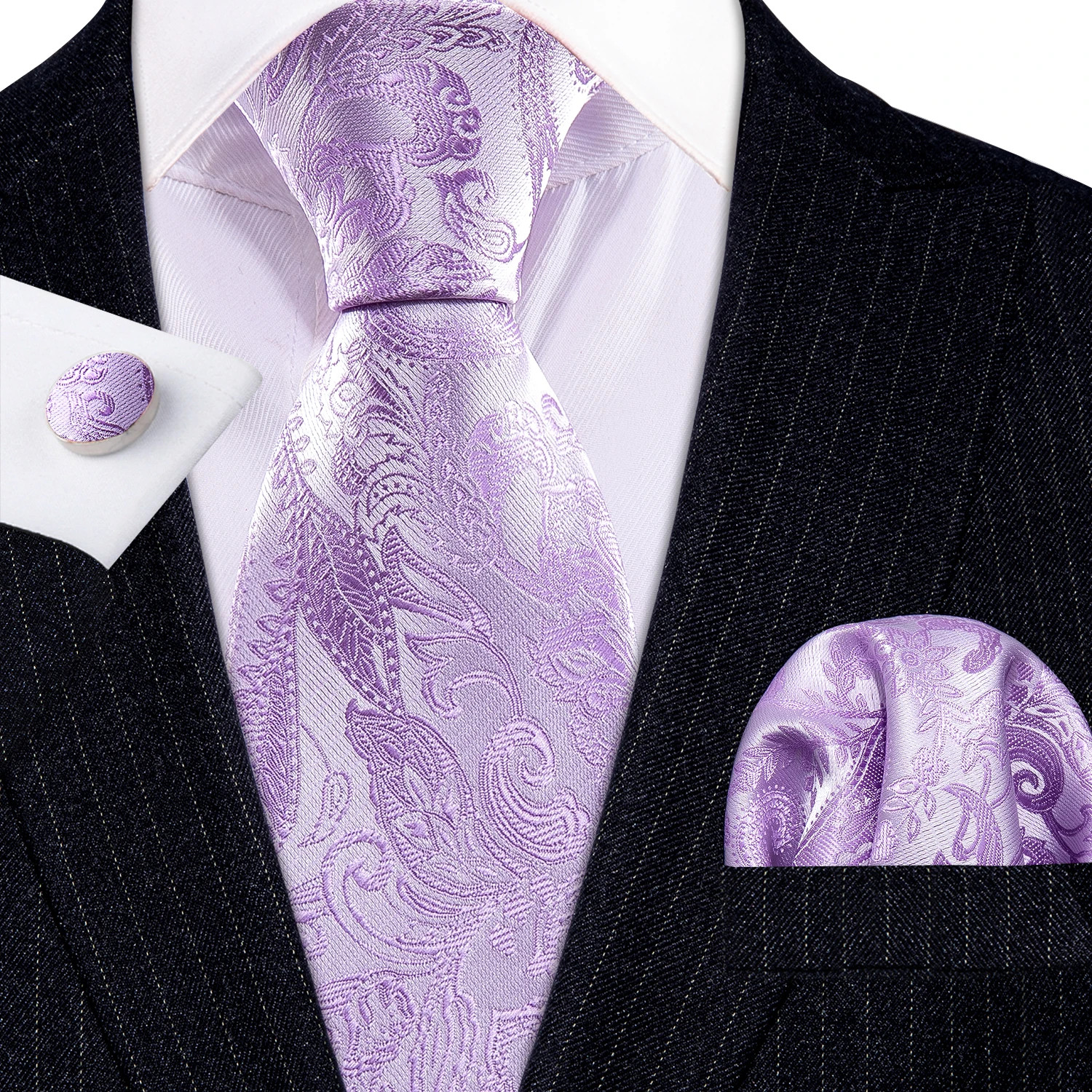 Silk Jacquard Tie Set Floral Violet Necktie Hanky Cufflinks Wedding Men’s Ties
