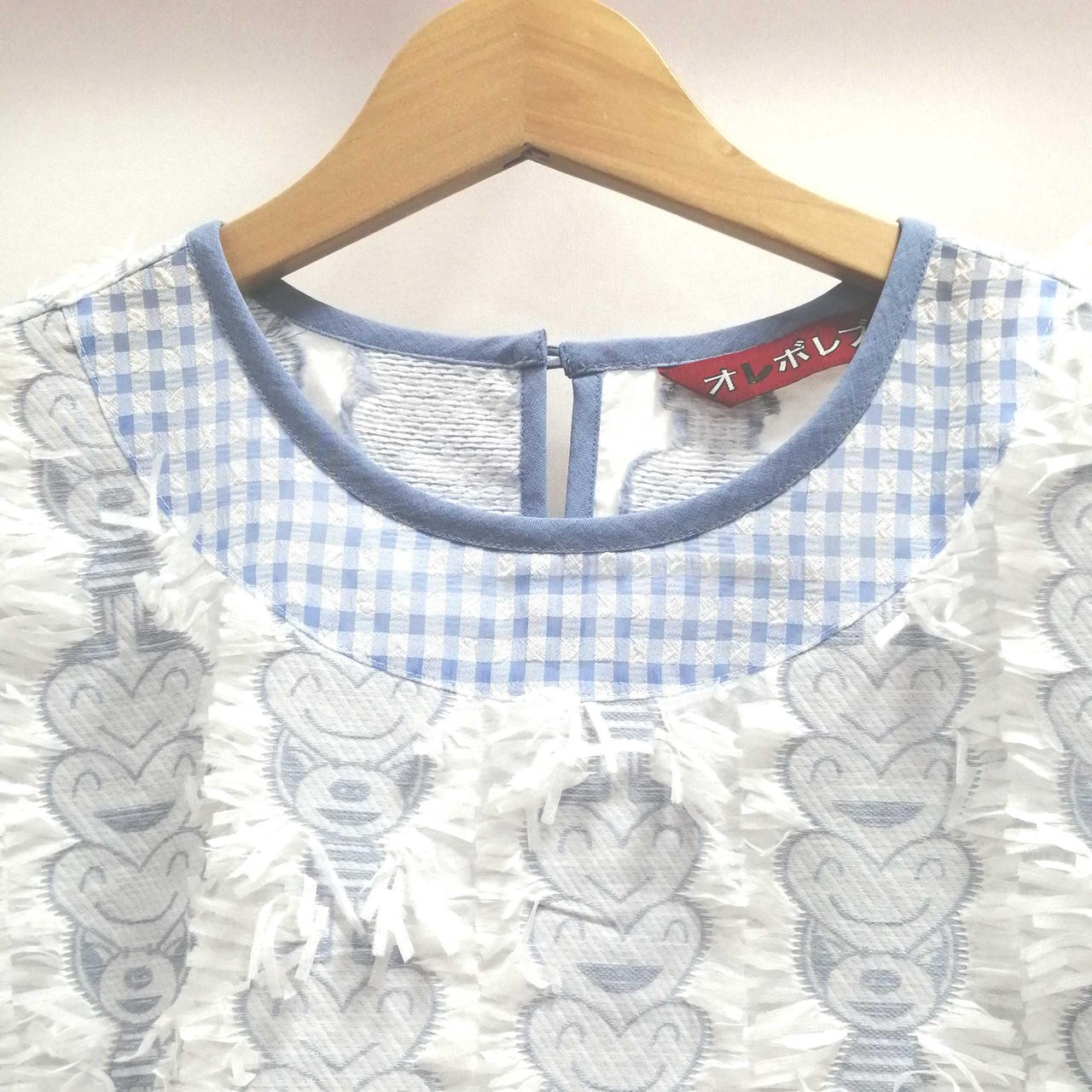 Orebole Light Blue Heart Pattern Rebo One-Piece Dress, 35in Bust, Crew Neck