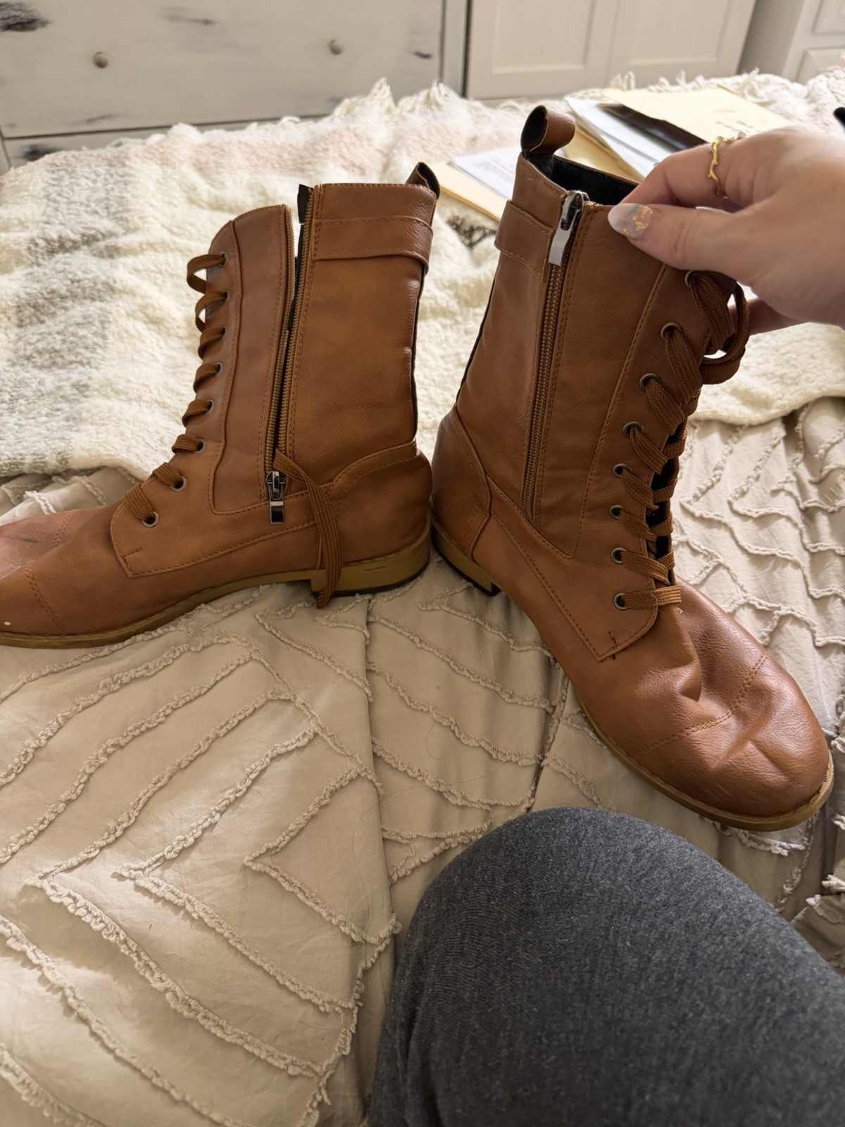 Women’s Brown Solid Mid-Calf Combat Boots Lace-Up Side Zipper Buckle Round Toe