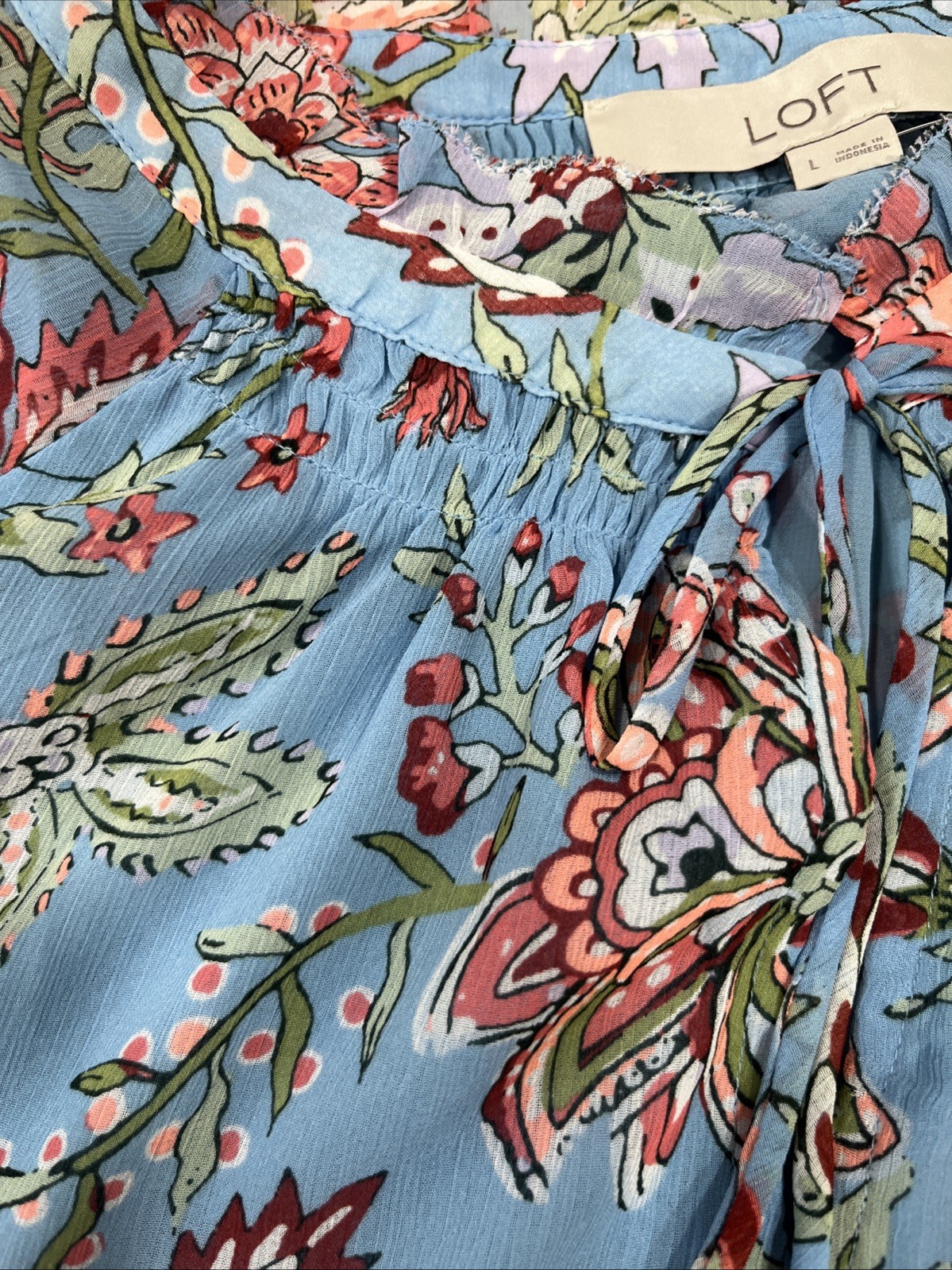 LOFT Blouse Top Women’s Size L Blue Floral Bell Sleeves Ties In Front Lined