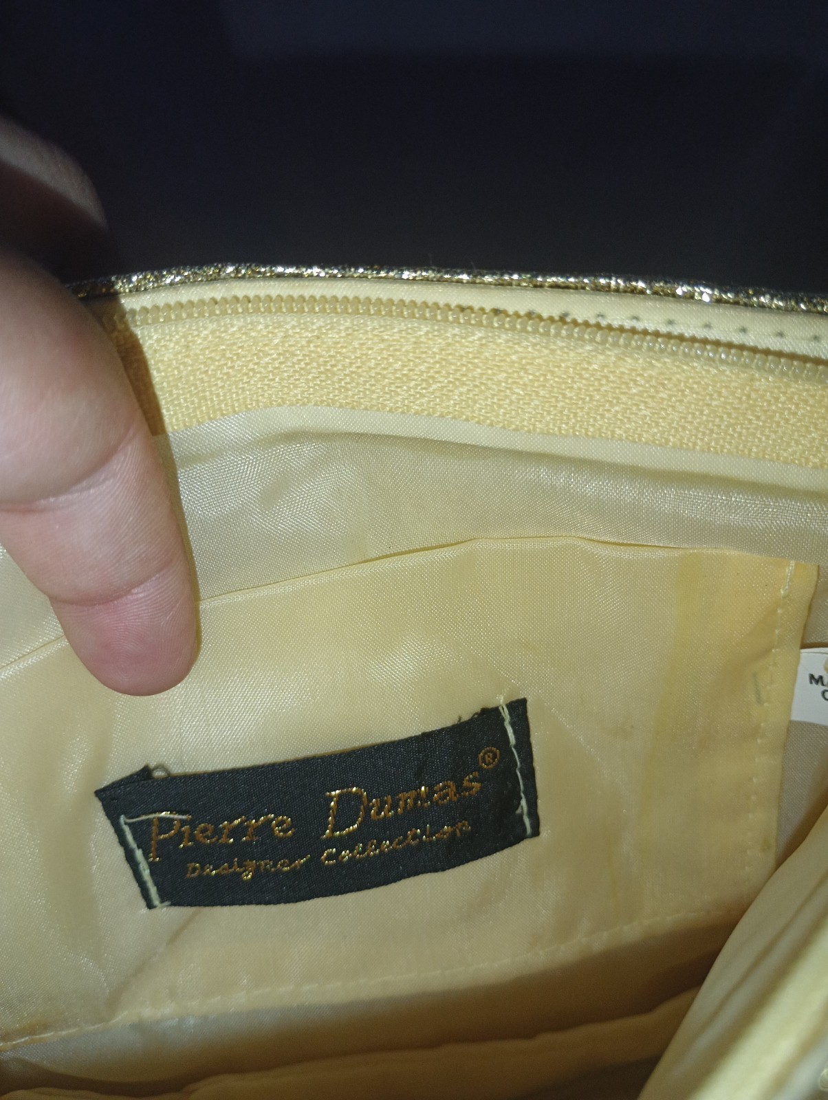 Pierre Dumas Gold Metallic Glitter Small Shoulder Bag, Chain Strap Zip, Lined