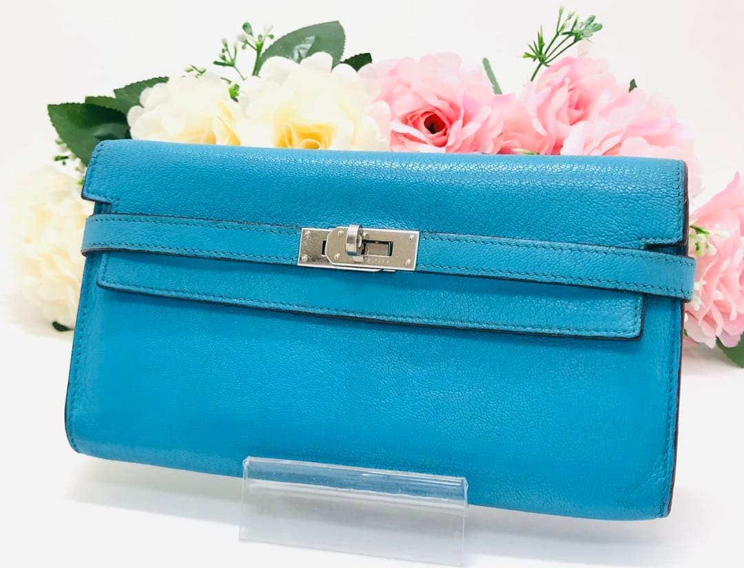 HERMES Kelly Wallet Long Purse Clutch Bag Blue Jean Silver Hardware from Japan