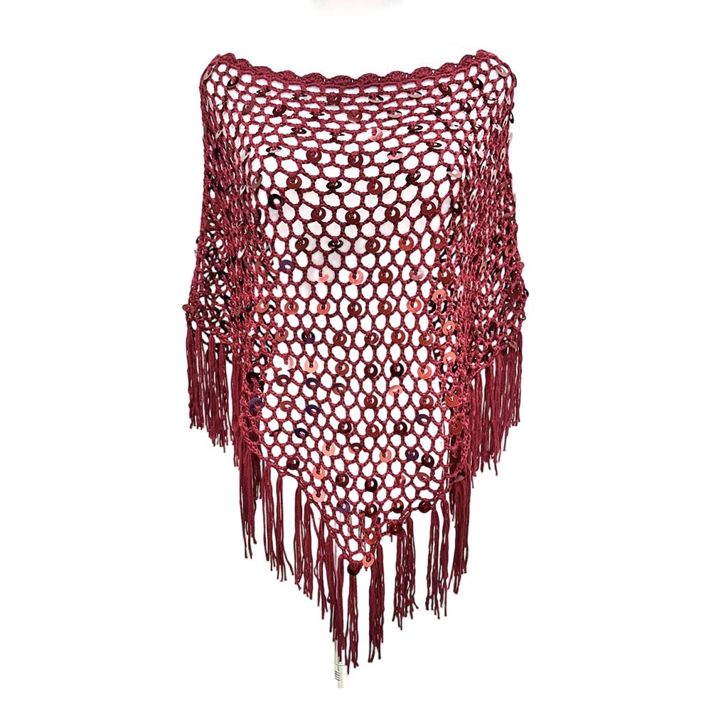 Boho Crochet Sequin Triangle Scarf Shawl Wrap Handmade Tassels for Women