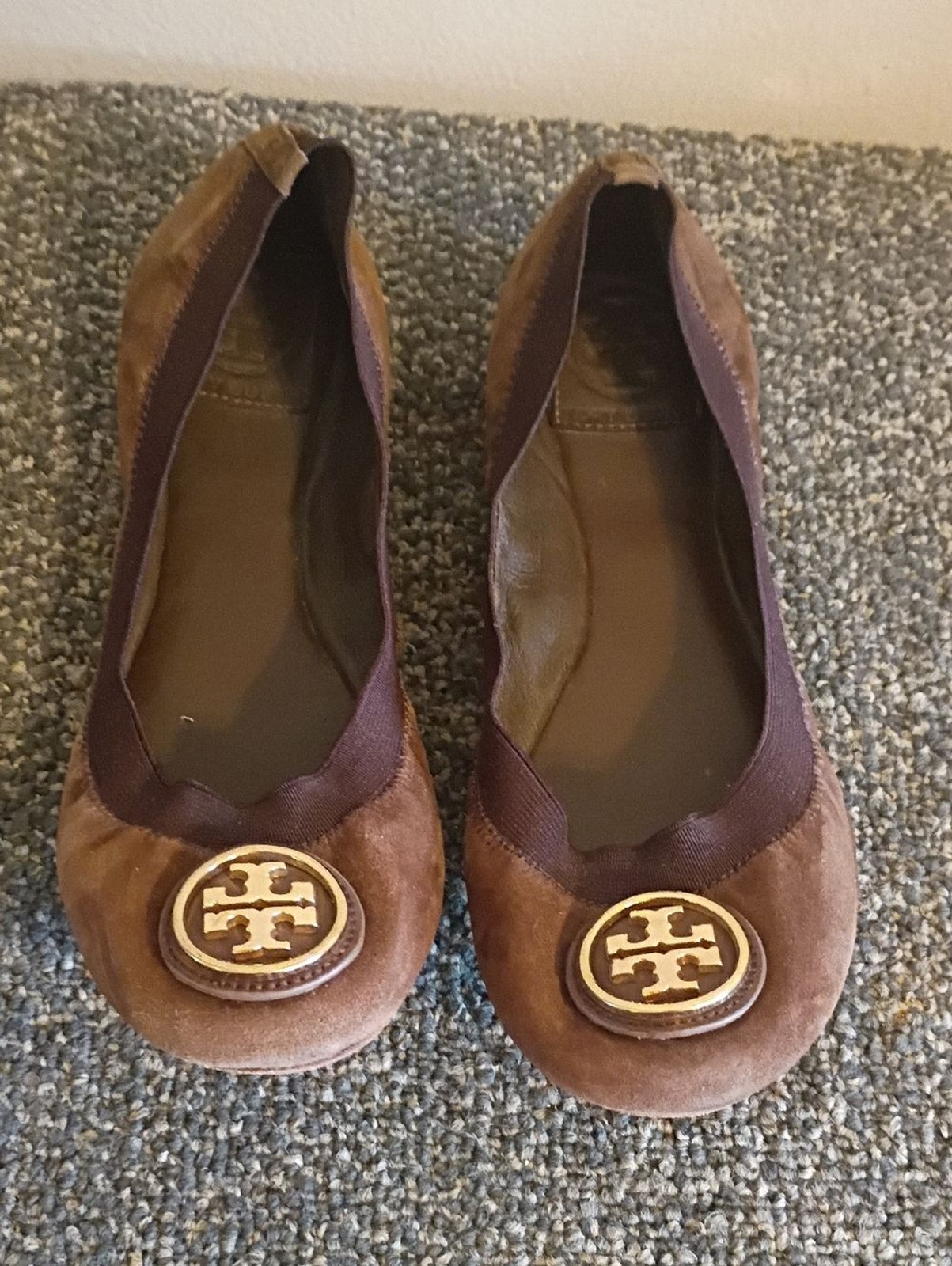 Tory Burch Brown Suede Ballet Flats with Gold Logo Size 7