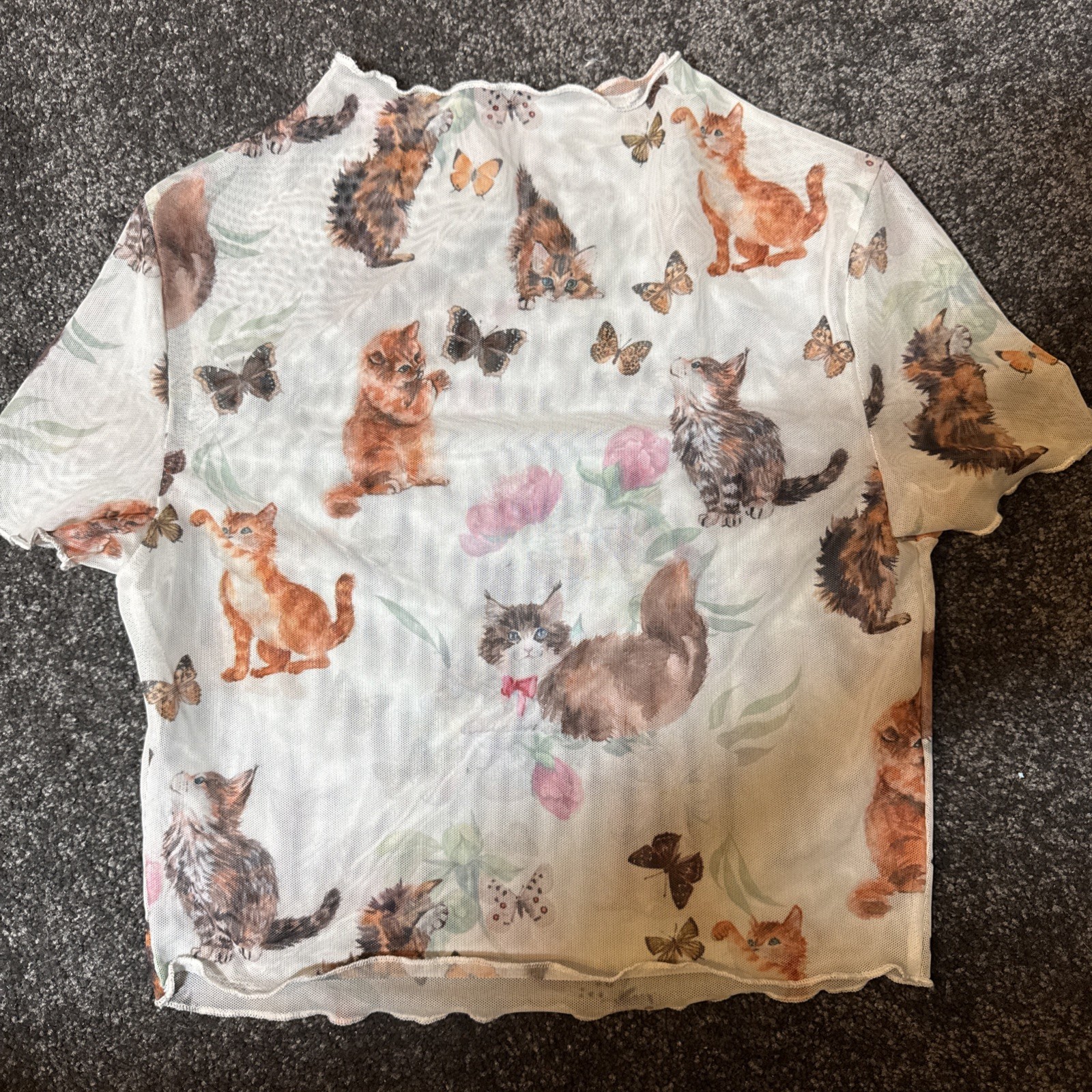 Shein EZwear mesh kitten baby cat crop top womens S Spring butterflies stretchy
