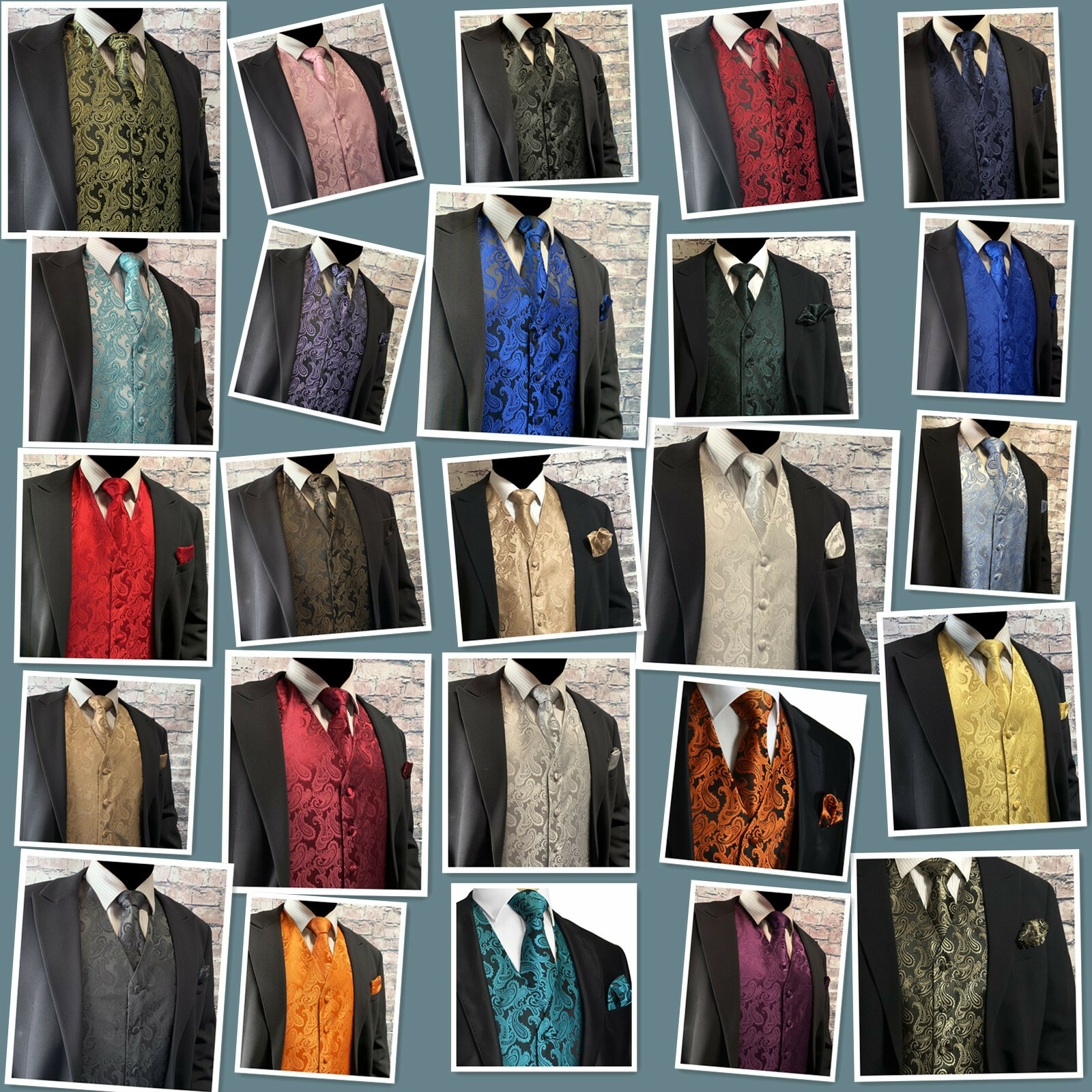 XS – 6XL Men Paisley Dress Vest Waistcoat & Necktie and Hanky for Suit or Tuxedo