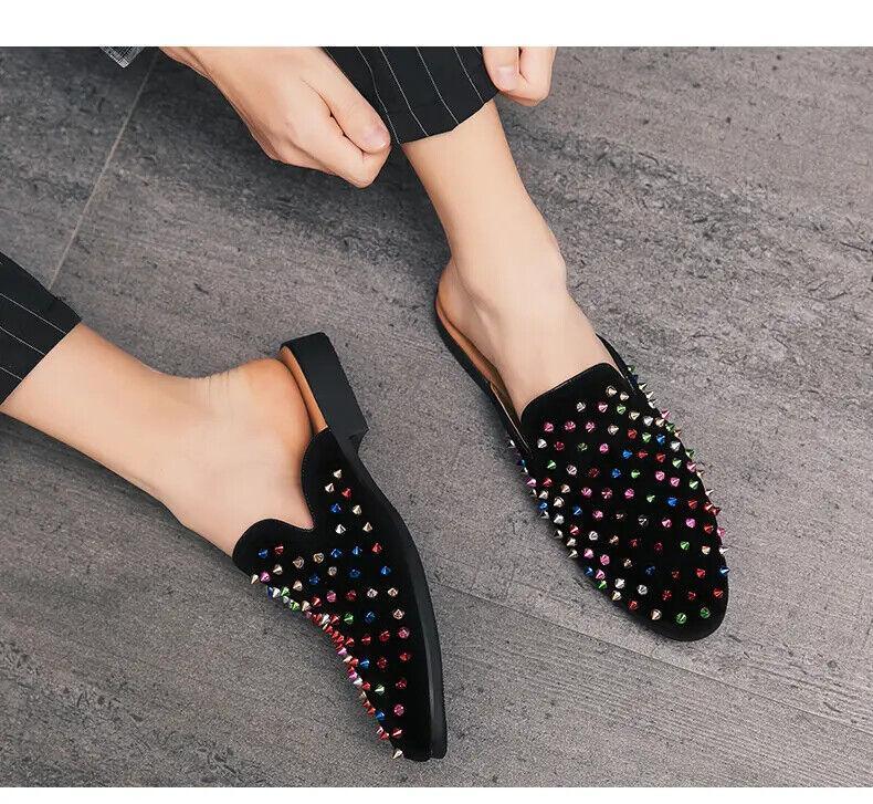 Men‘s Rivets Spike Mules Slippers Slip On Casual Round Toe Shoes Studded Hot