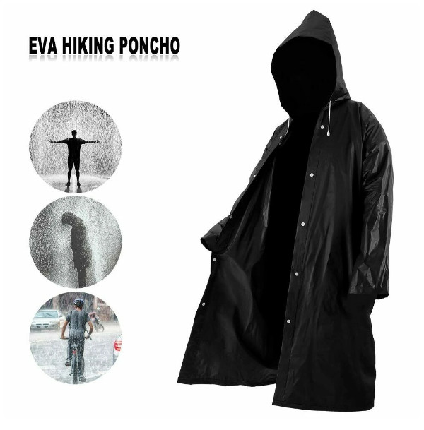 Men Black Waterproof Long Raincoat Hooded Trench Jacket Outdoor Hiking Rain Coat