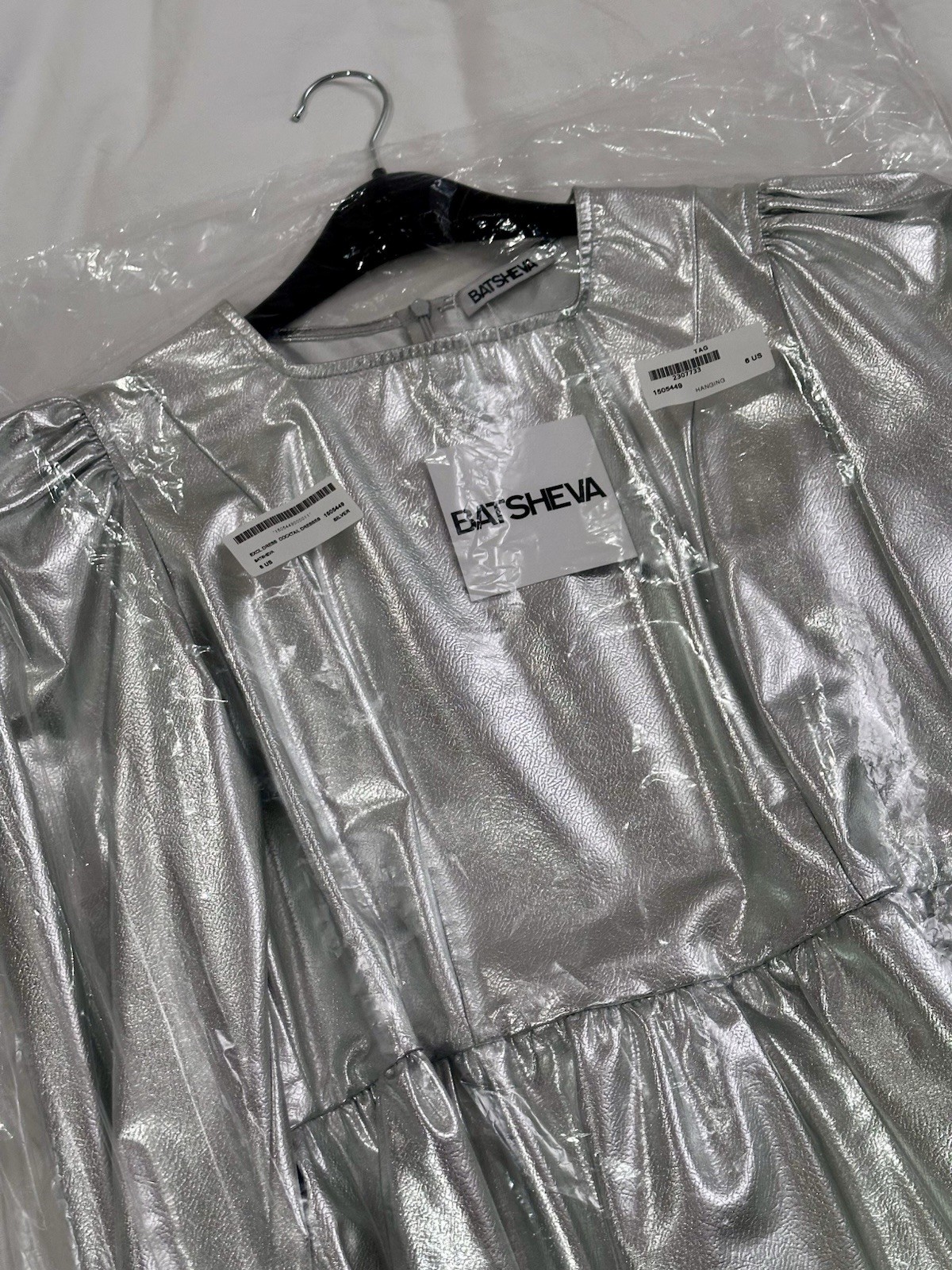 BATSHEVA Silver PVC Prairie Square Neck Ruffle Cocktail Party Mini Dress New 6