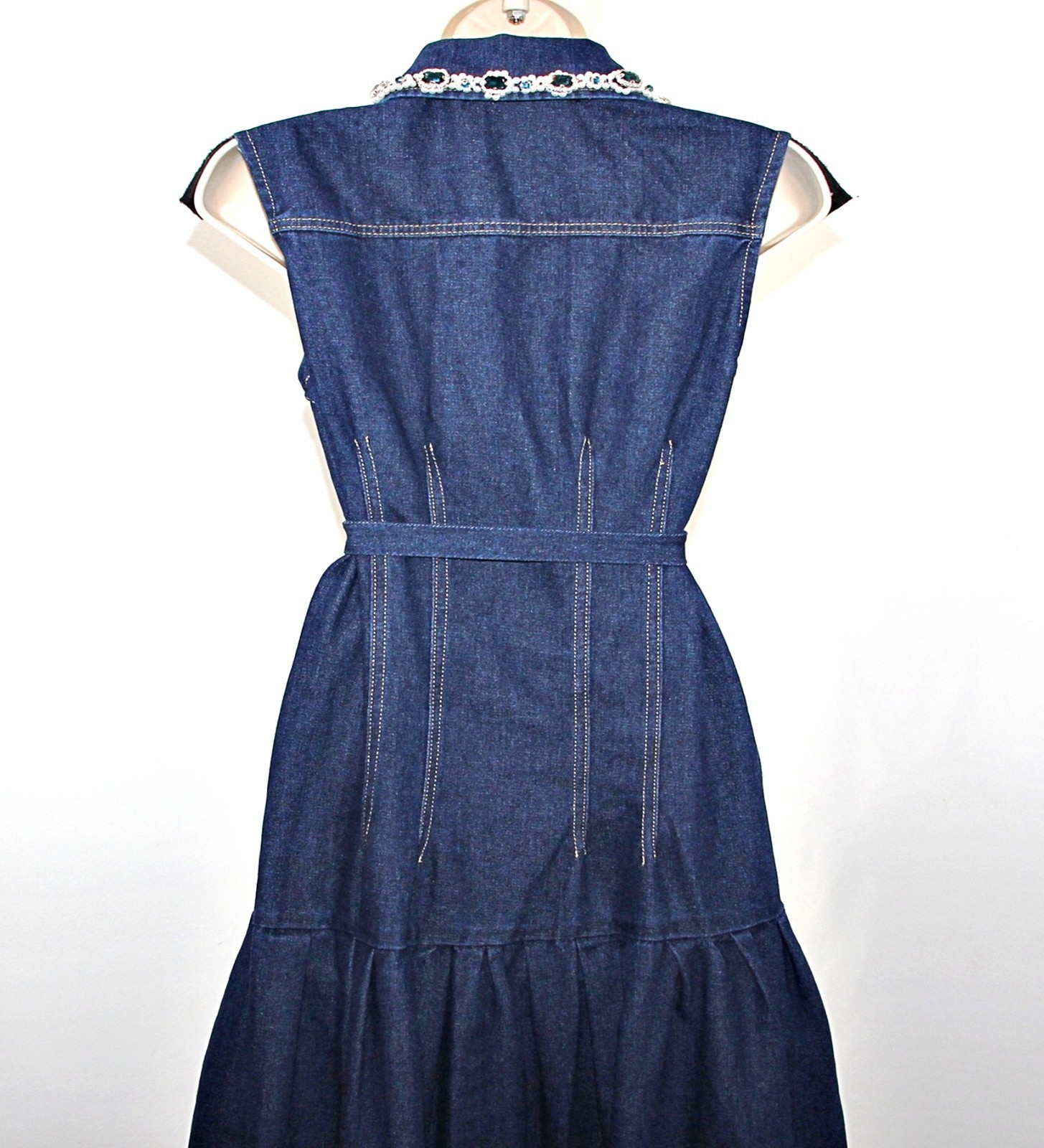 Dalia MacPhee Rhinestone Embellished Belted Tiered 56″ Long Denim Shirt Dress M