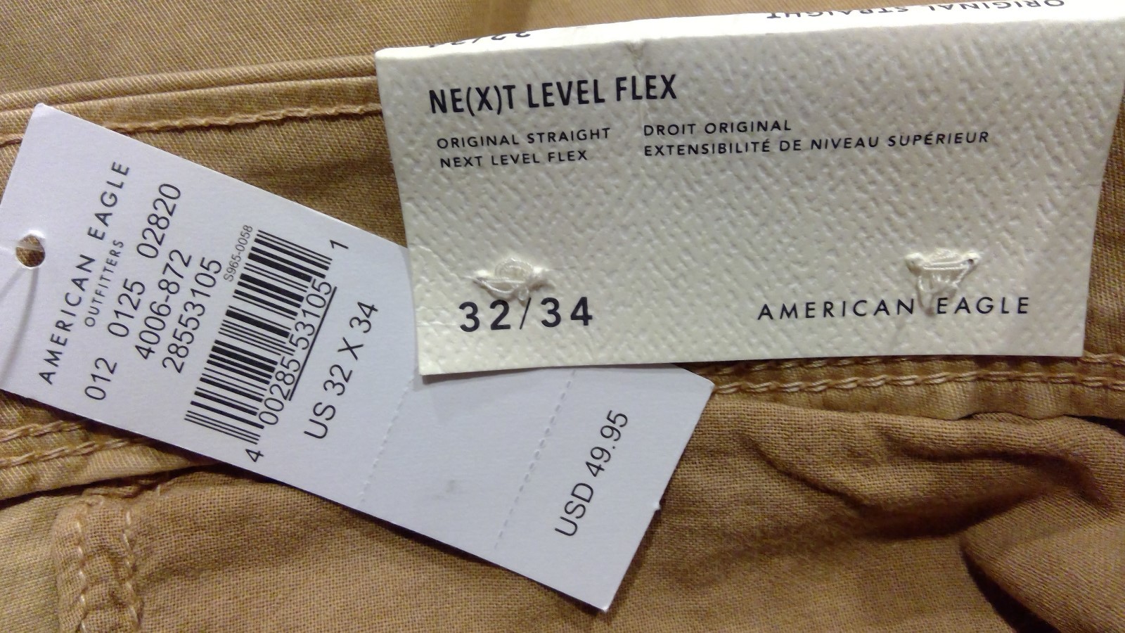NWT AMERICAN EAGLE NxtFlex OrigStraight Khaki W:28-29-30-32-34 I:30-32-34-36