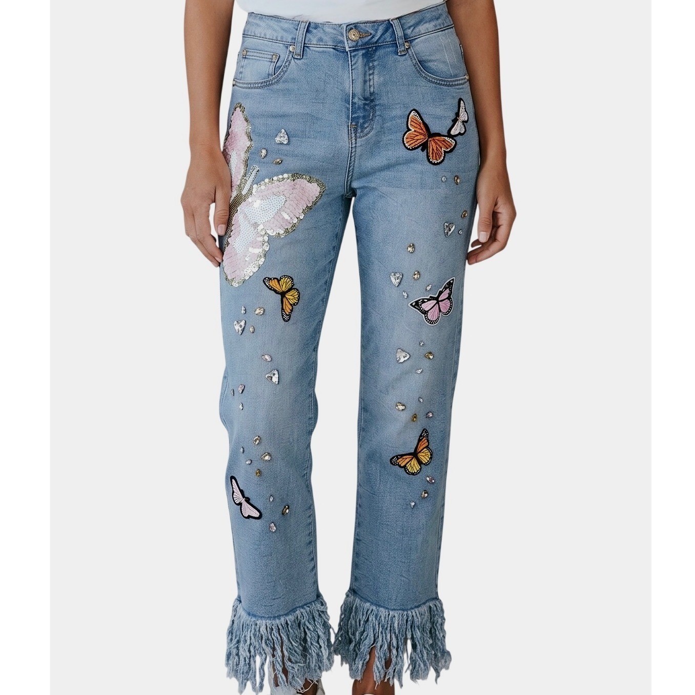 V Cristina Butterfly Embellished Jeans Women 6 Blue Fringe Hem Sequin Rhinestone