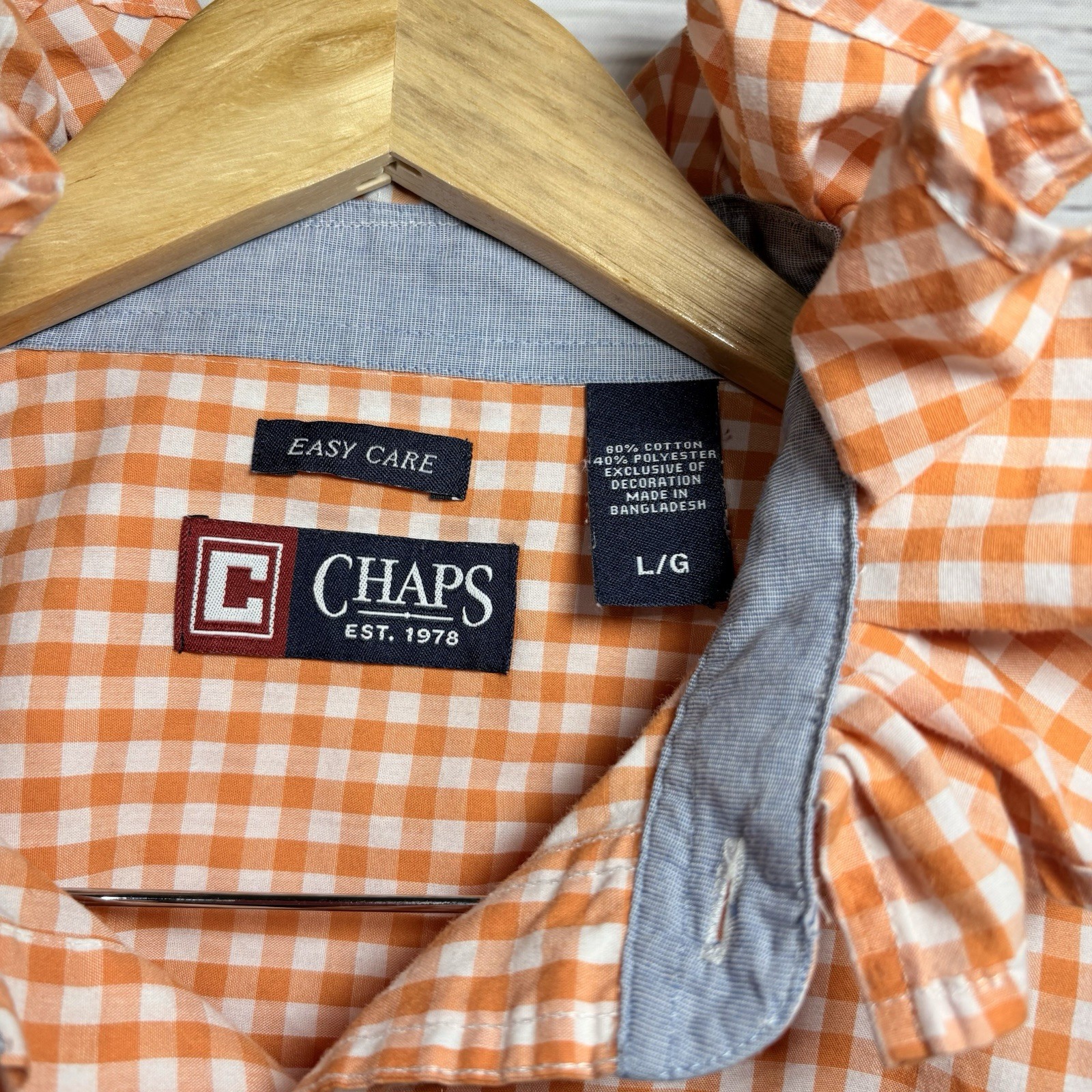 Upcycled Orange Gingham Check Ruffle Collar Oxford Shirt Womens Preppy VIRAL