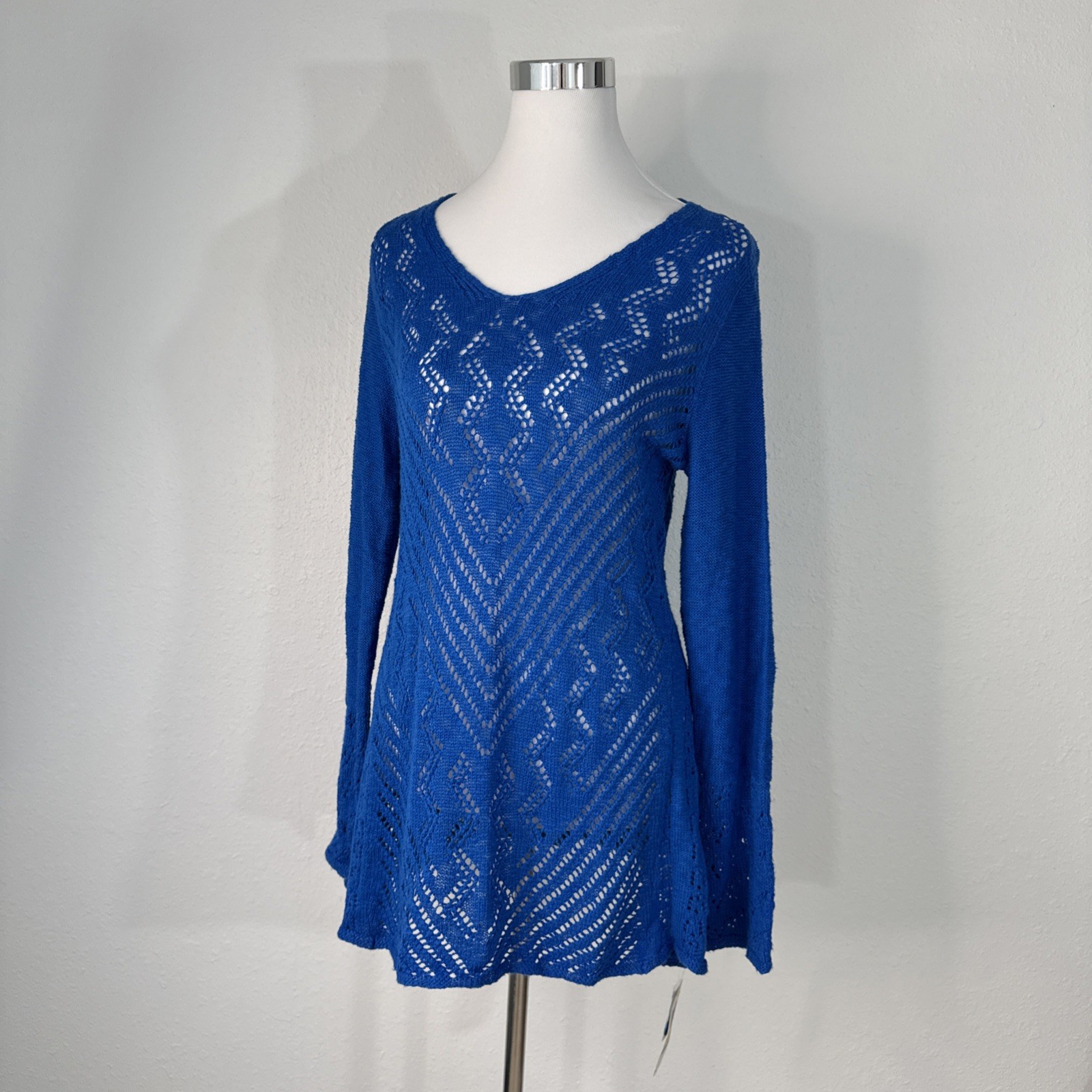 Style & Co Women Sweater Womans M Blue Pull Over V Neck Crochet Boho Cottage