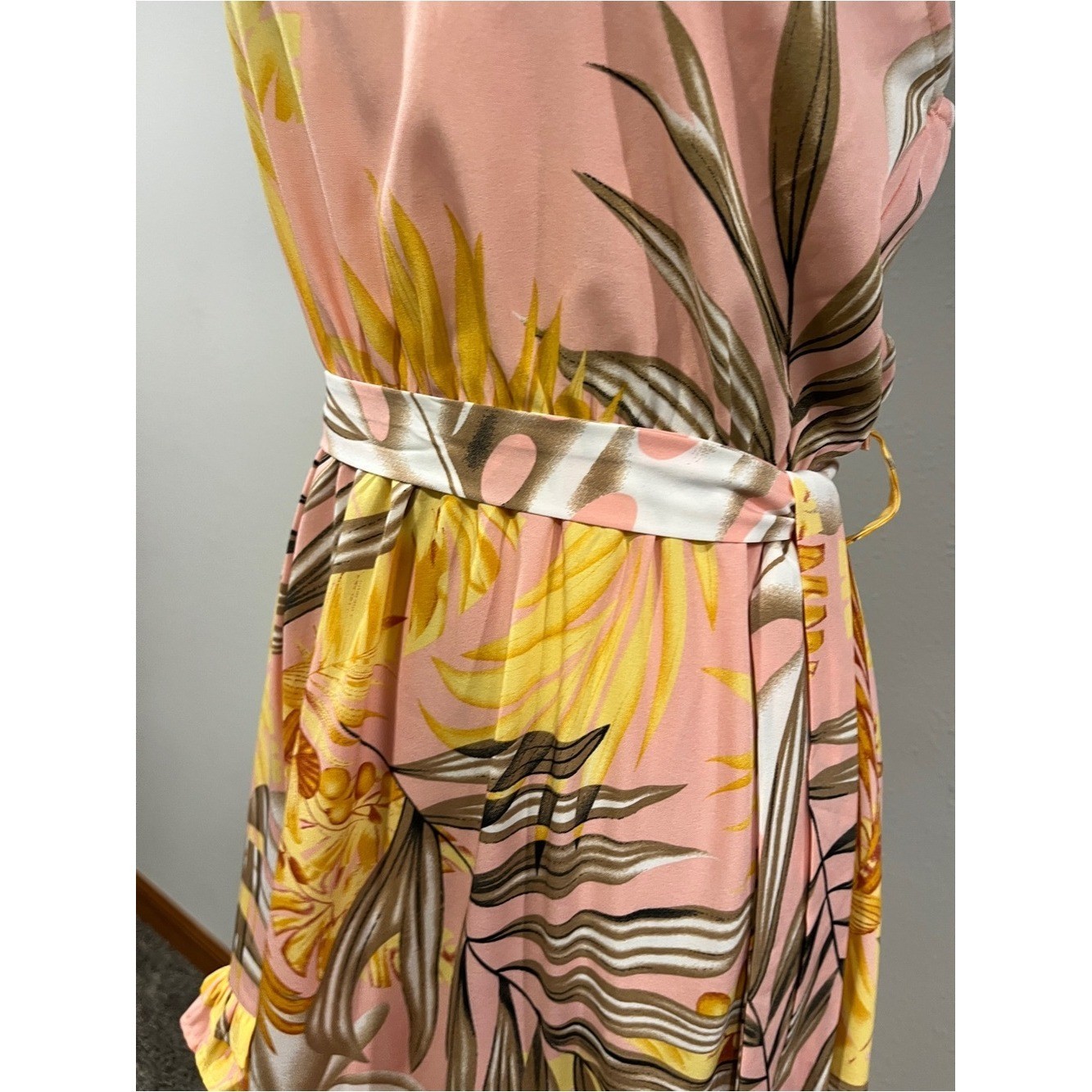 One-Shoulder Pink and Yellow Tropical Maxi Dress