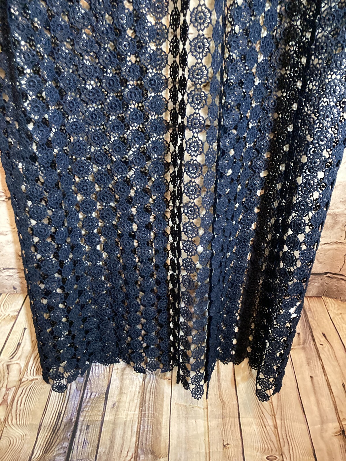 Young at Heart L.A. Top Women Small Navy All Over Crochet Long Length Open Front