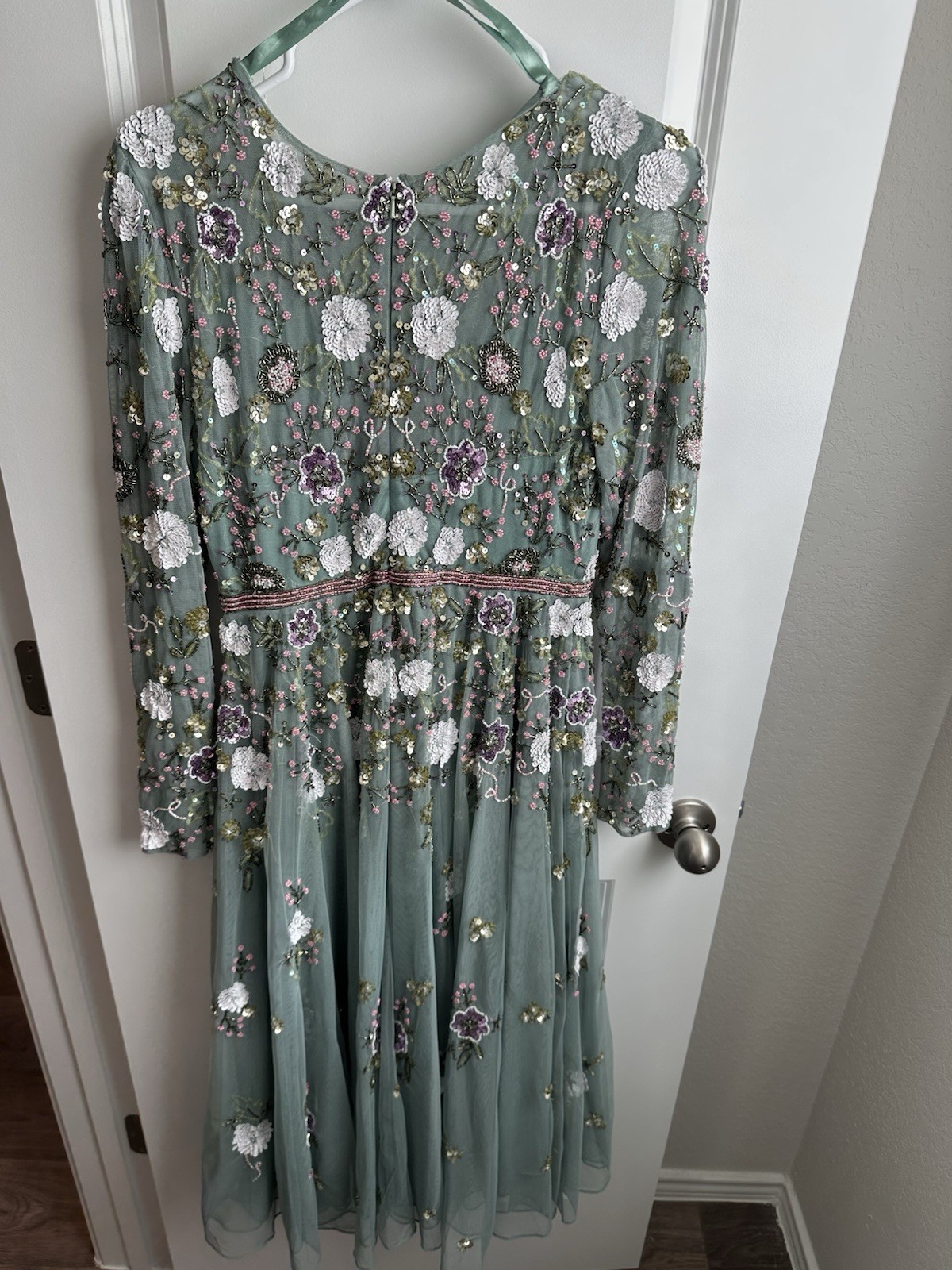 Mac Duggal 5716 Green Floral Sequin Midi Dress Long Sleeve, Size 8