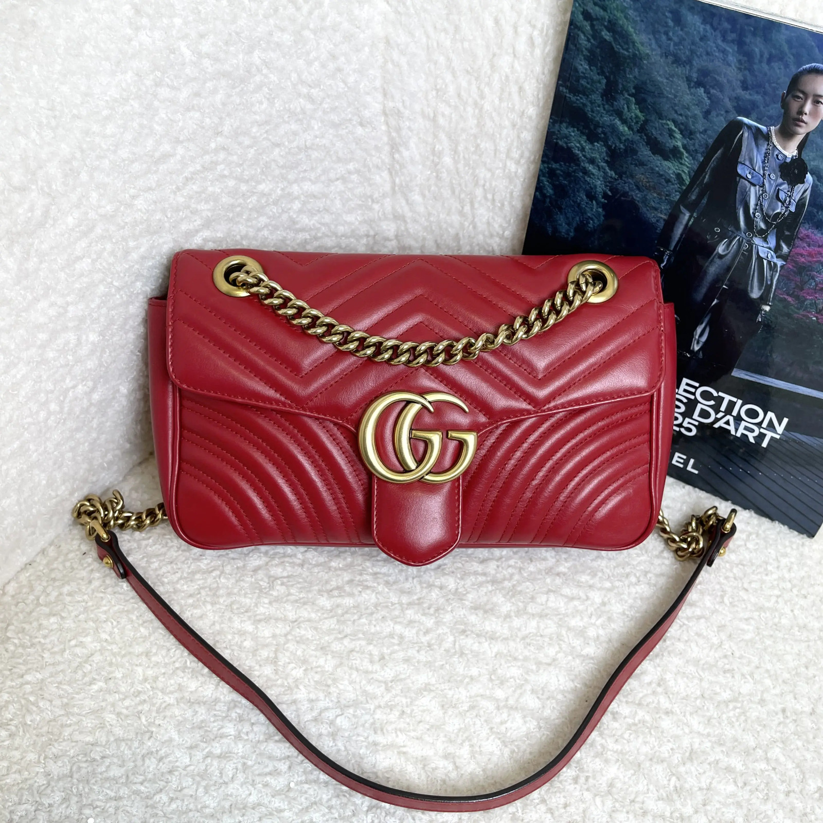 Gucci GG Marmont Red Leather Shoulder Bag Gold Hardware