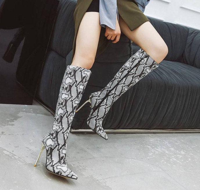 Plus Size Womens Pointy Toe Snake Pattern Stiletto Heels Knee High Boots Fashion