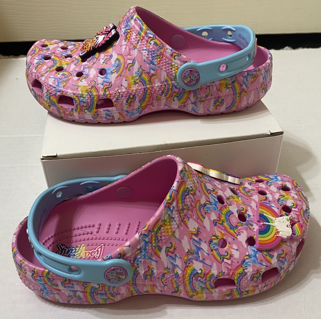 Crocs x Lisa Frank Unicorn Rainbow Classic Clogs Kids J4 Women’s 6 Pink w/charms